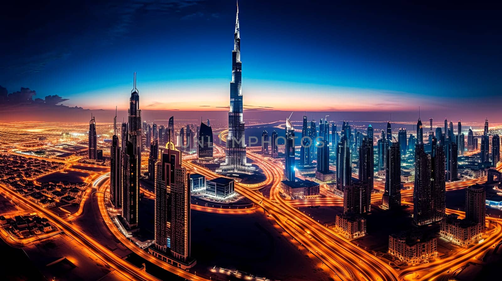 A city skyline with a large building in the middle. The city is lit up at night