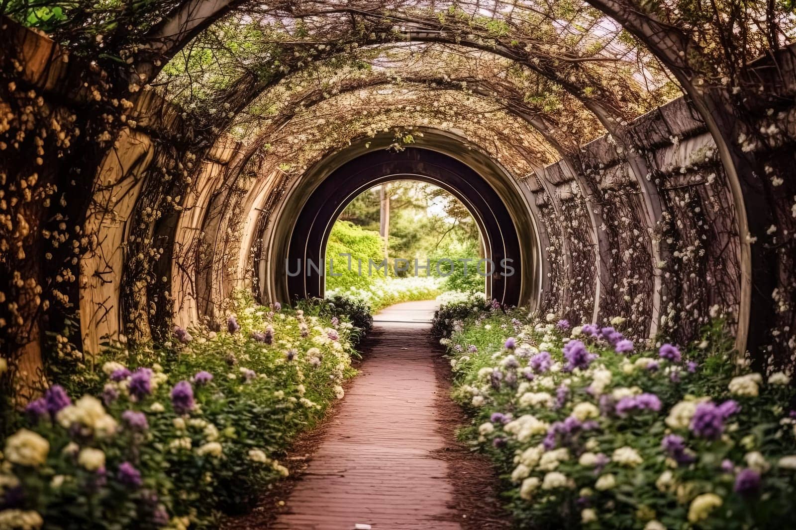 A tunnel with a path of flowers leading through it. The tunnel is long and narrow, and the flowers are pink and white