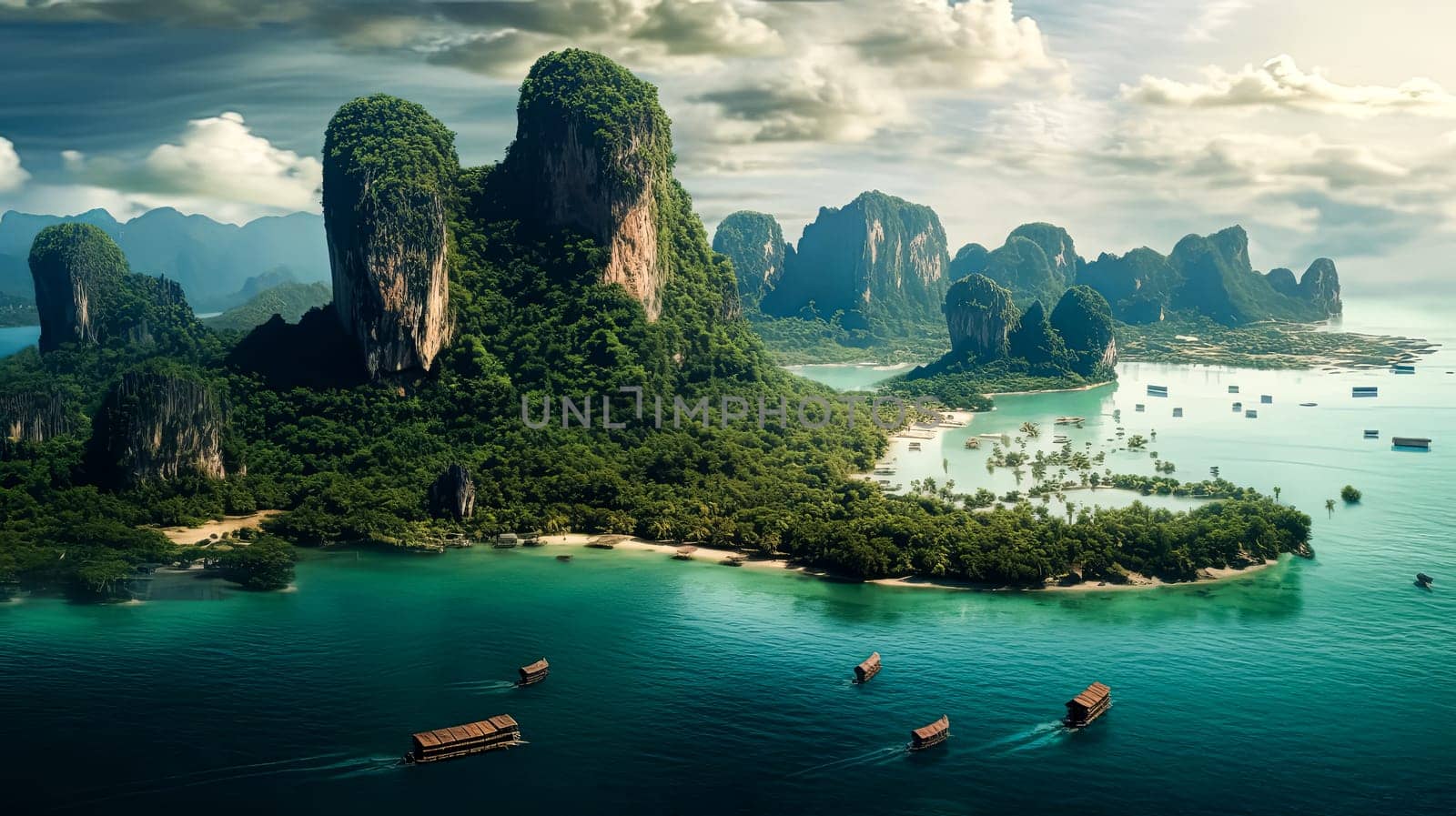 A boat is floating in the ocean near a beach. The water is calm and the sky is clear