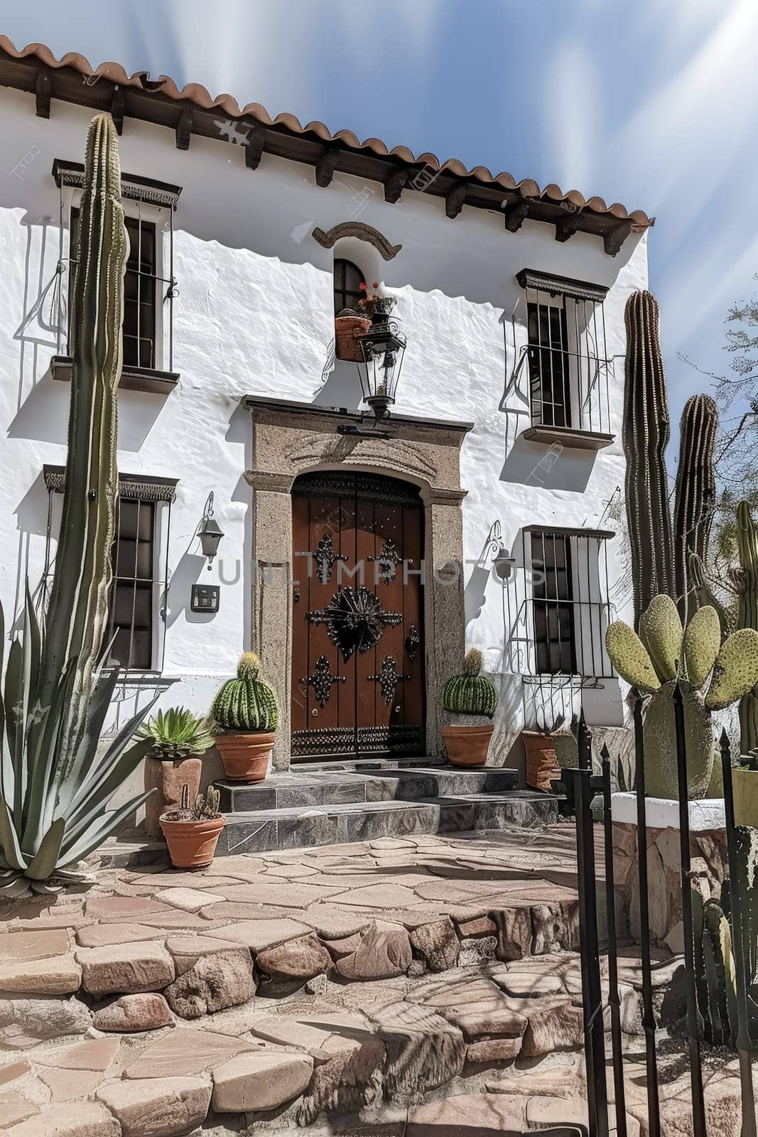 A house with a red door and a balcony with potted plants. The house has a Spanish style and the door is made of wood