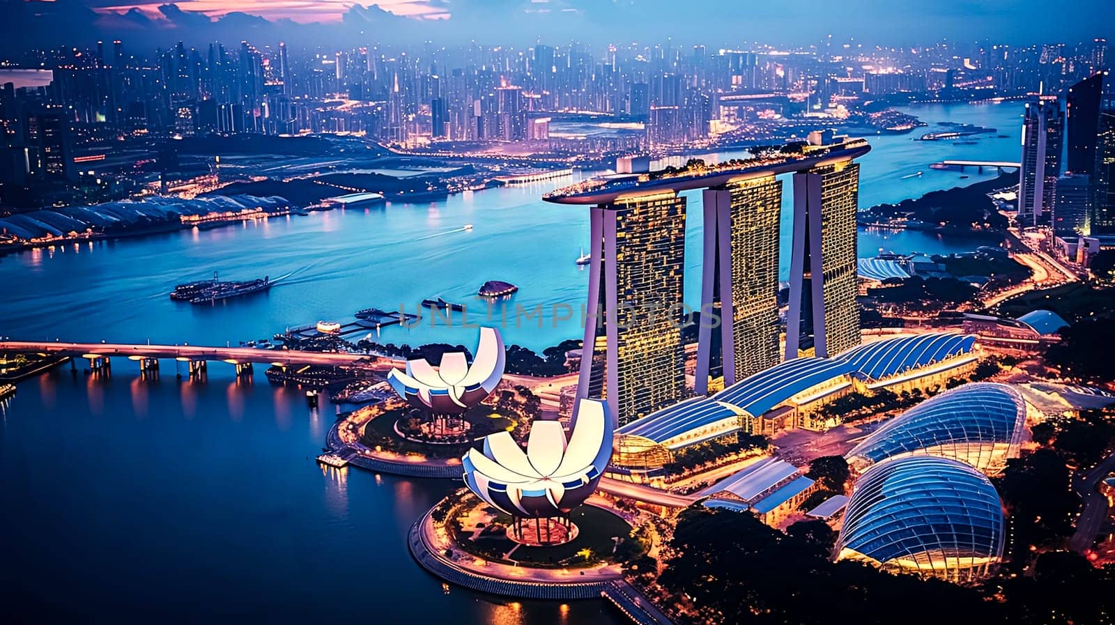 The city of Singapore is lit up at night, with the iconic Marina Bay Sands and other buildings reflecting the lights in the water