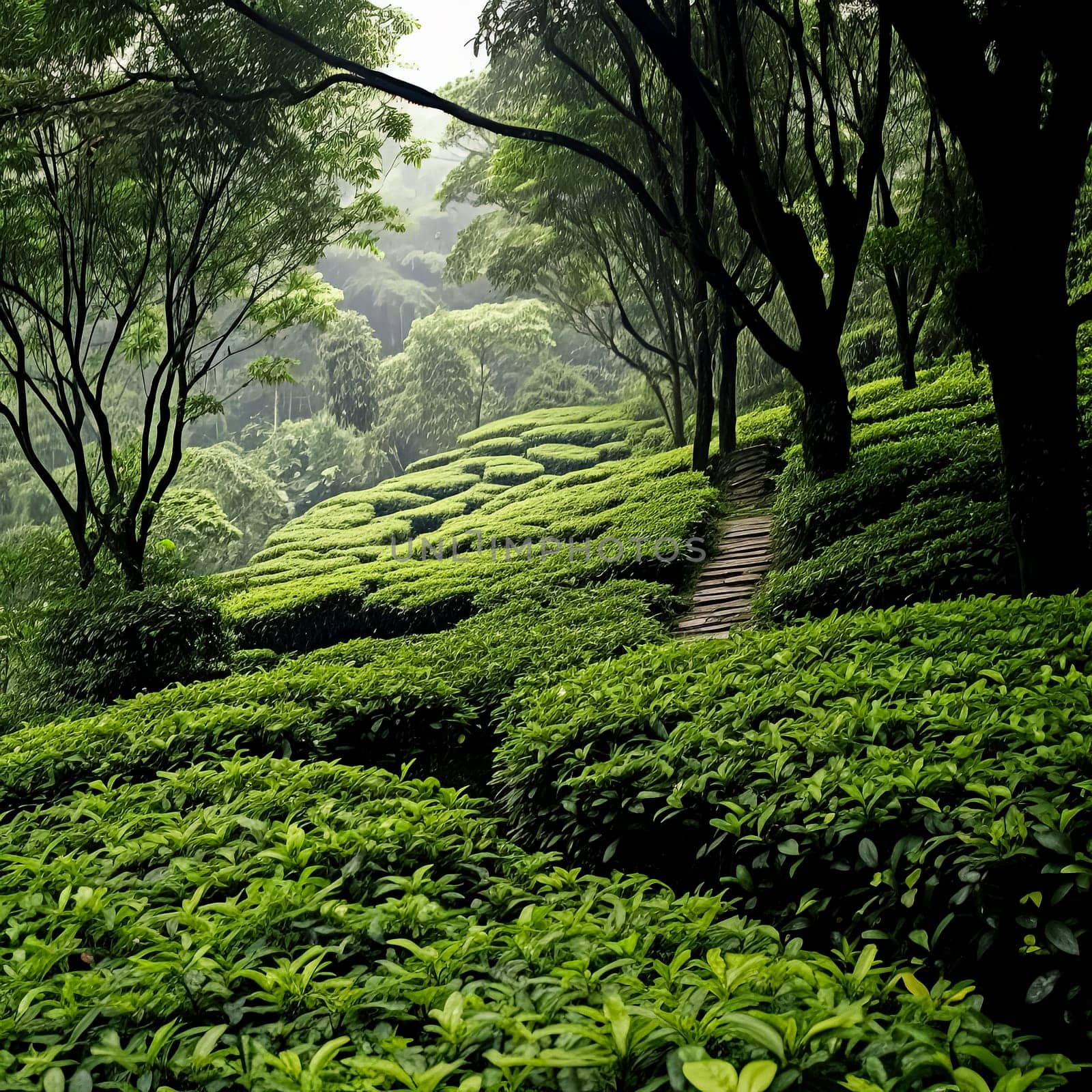 A man is walking through a field of green tea plants. The field is vast and the sun is shining brightly, creating a peaceful and serene atmosphere