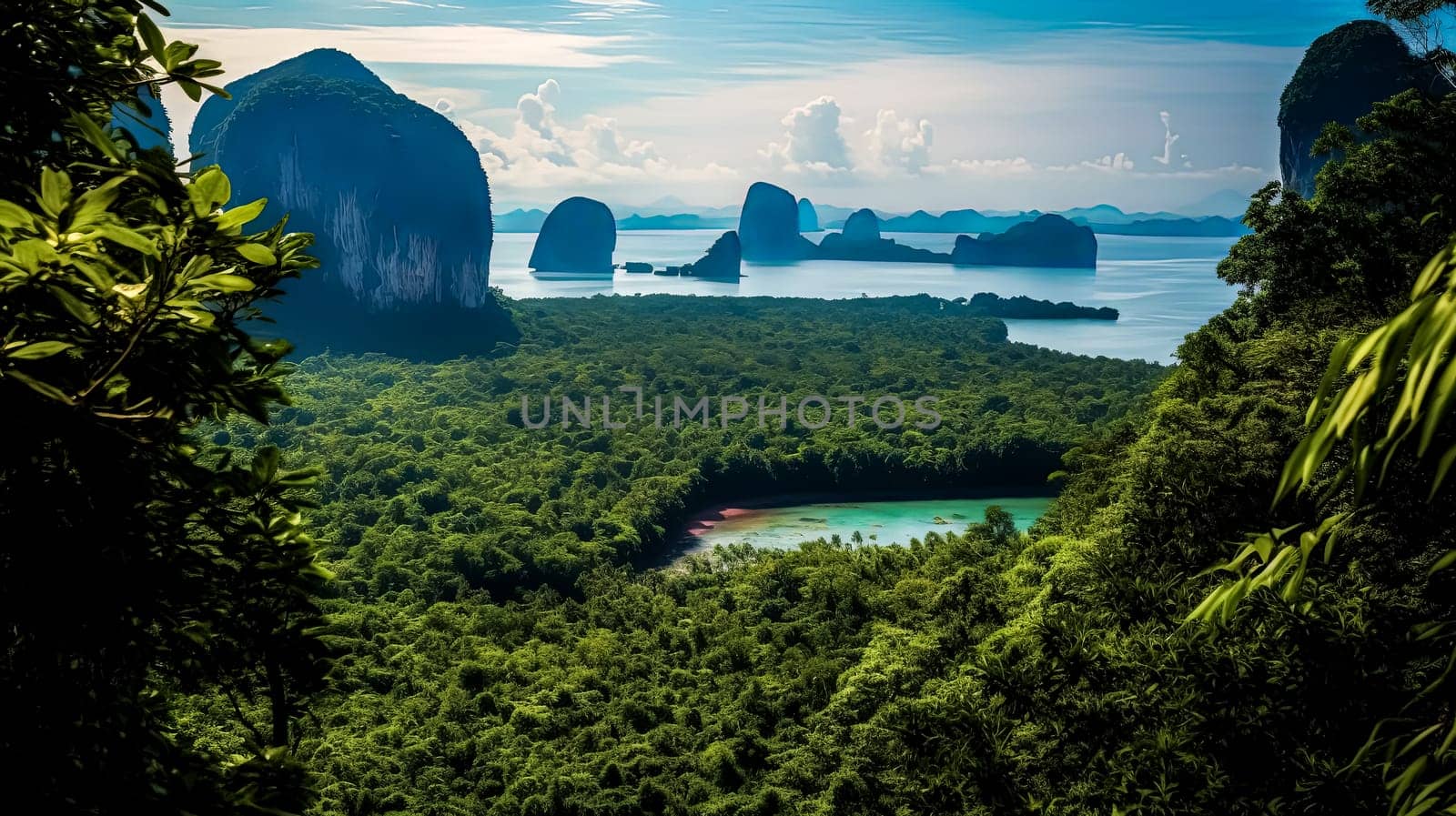 A lush green jungle with a lake in the middle. The lake is surrounded by trees and mountains