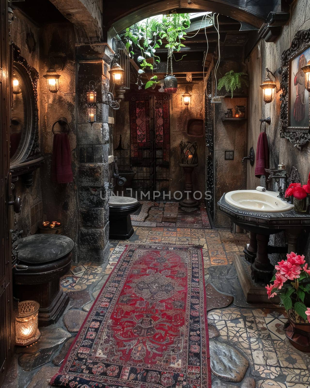 A bathroom with a red rug and a sink. The bathroom has a vintage and rustic feel to it