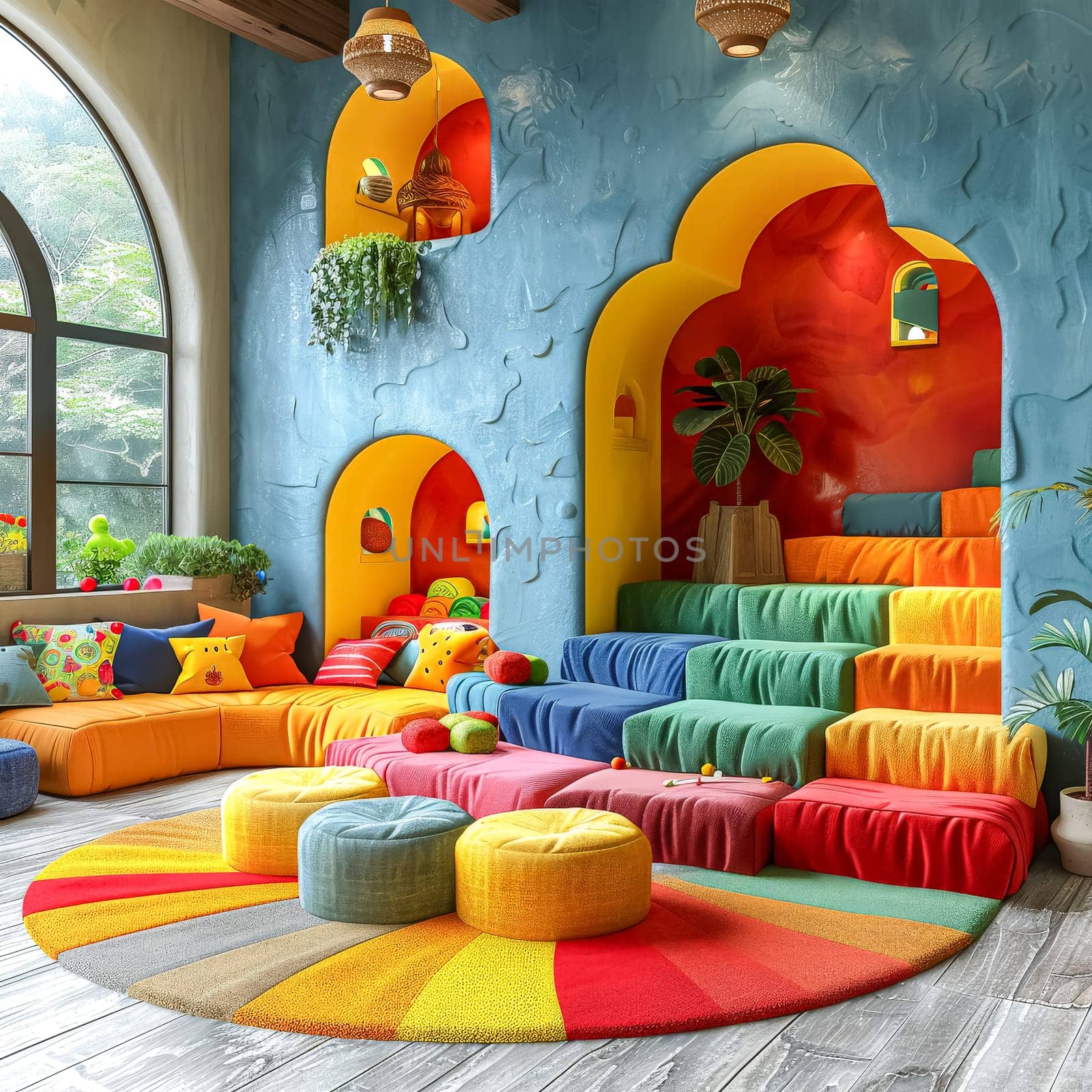 A colorful room with a rainbow rug and pillows. The room has a playful and cheerful atmosphere