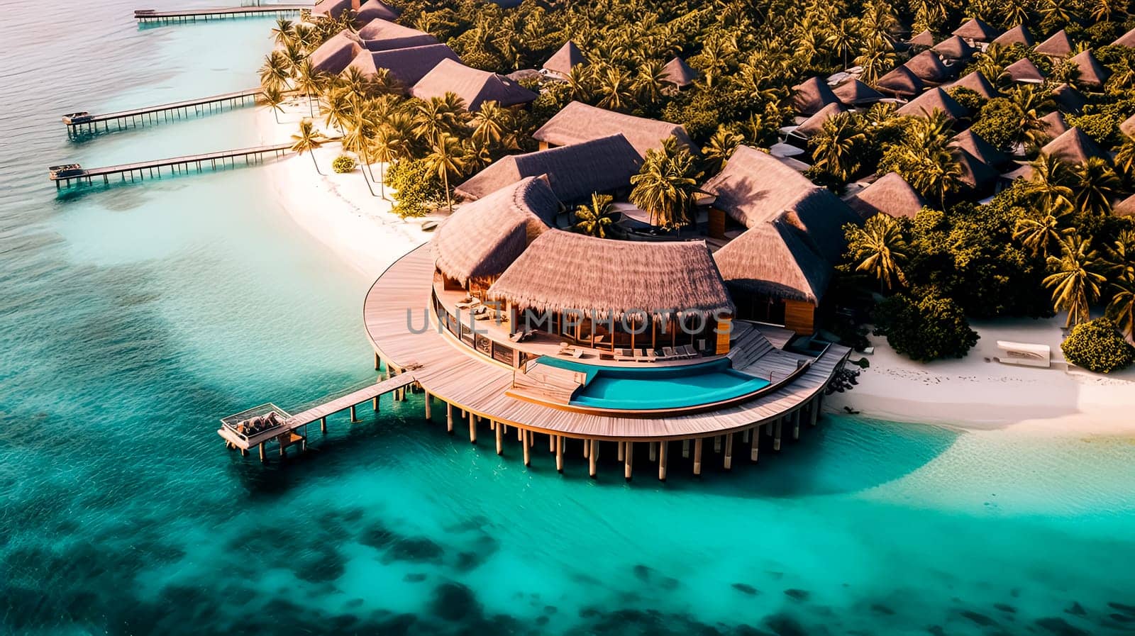 A beautiful island with a wooden house and a dock. The water is calm and blue. The island is surrounded by water and has palm trees