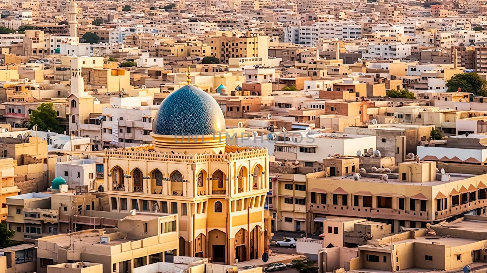 A cityscape with a large blue dome on top of a building. The buildings are tall and the sky is clear