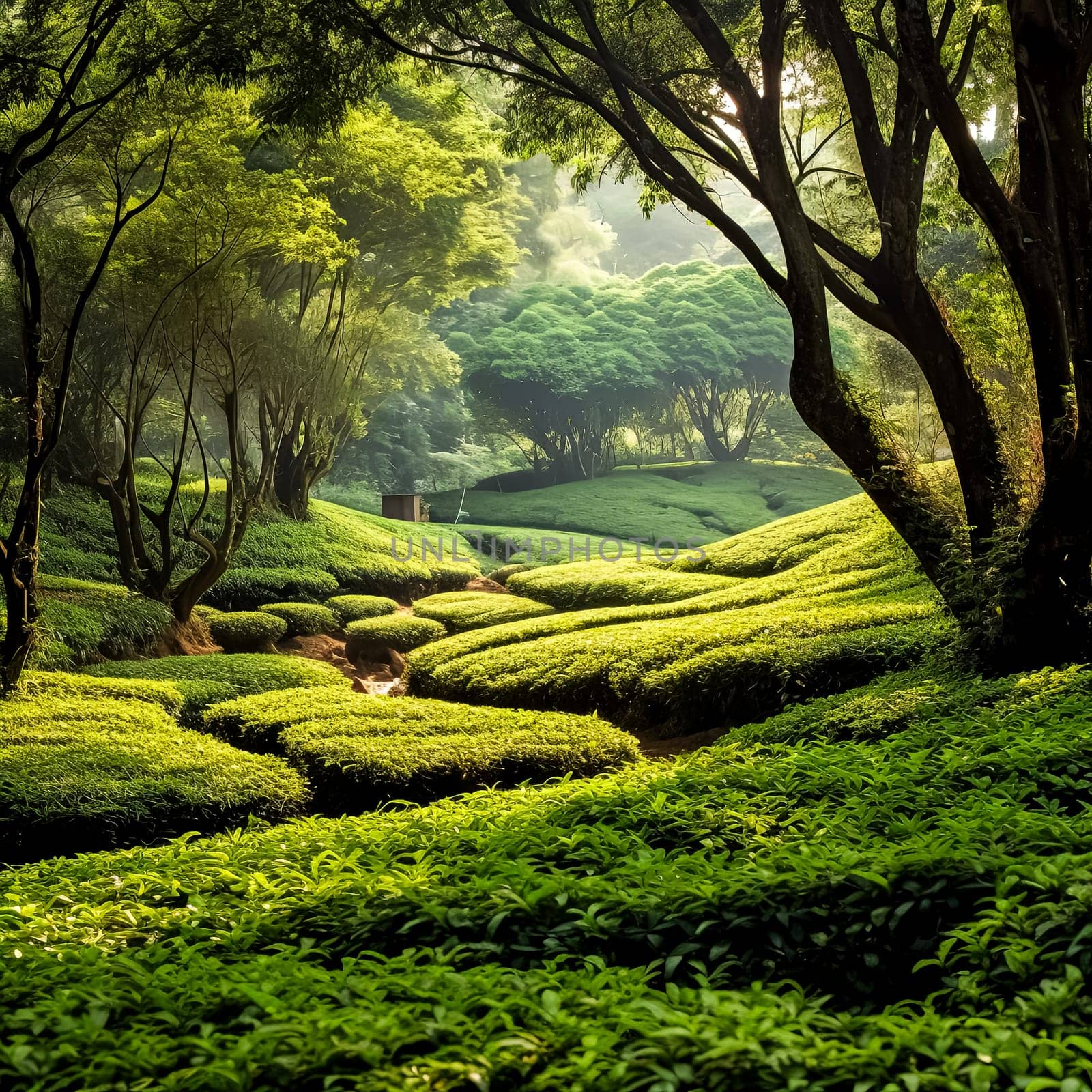 A man is walking through a field of green tea plants. The field is vast and the sun is shining brightly, creating a peaceful and serene atmosphere