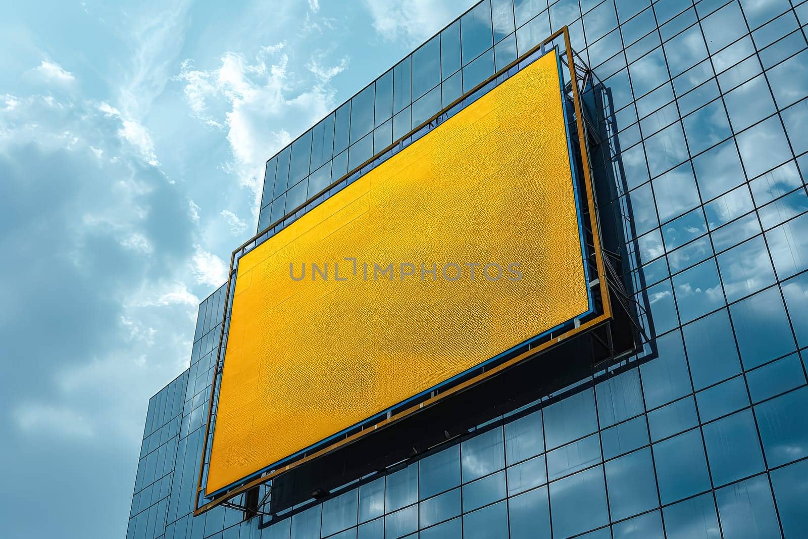 A large yellow sign is on a building in a city. The sign is blank, but it is bright and eye-catching. The building is surrounded by other tall buildings, creating a sense of urbanization and modernity
