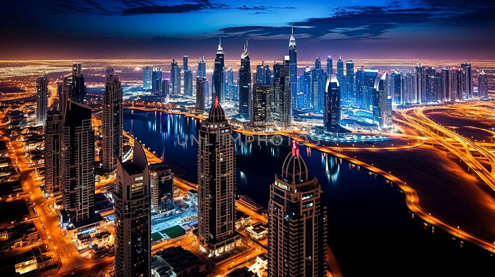 A city skyline with a large building in the middle. The city is lit up at night