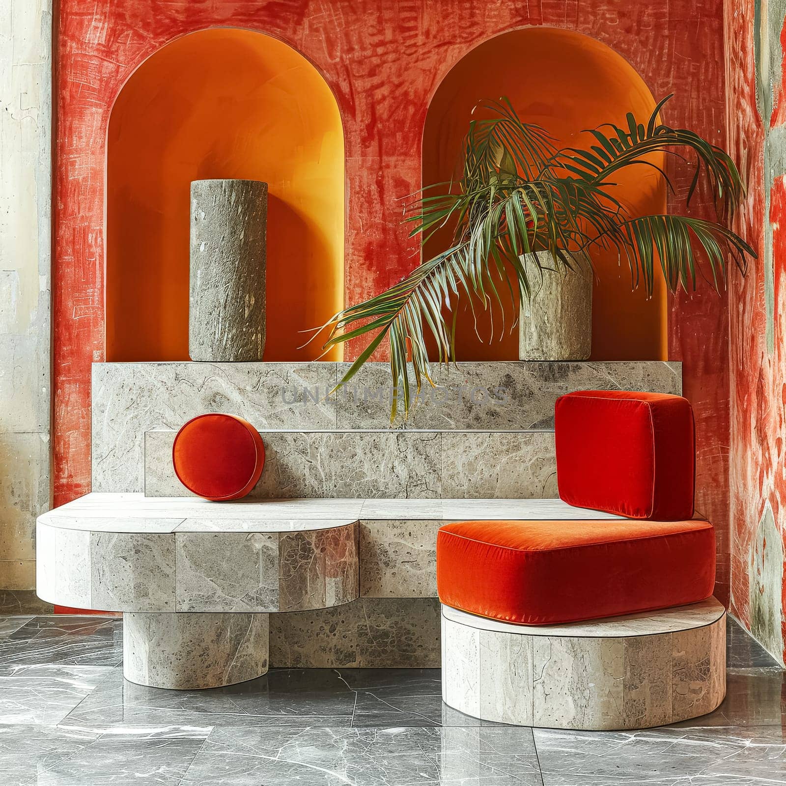 A red and orange room with a white marble wall and a red couch. The couch is made of red velvet and has a round pillow on it. There are two vases on the couch, one of which is taller