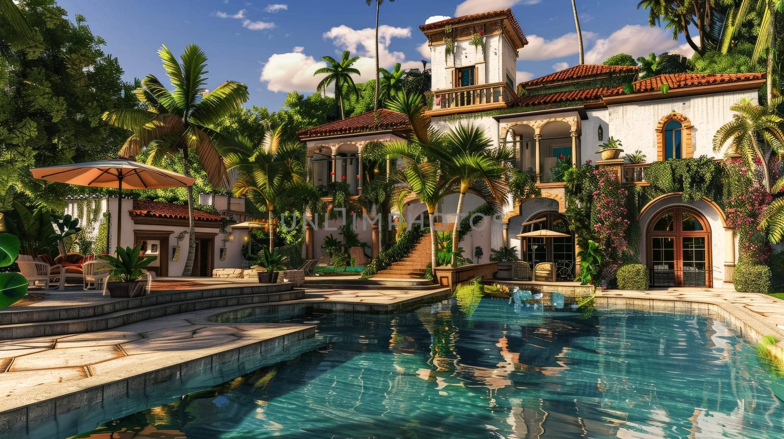 A large pool with palm trees surrounding it. The pool is surrounded by a red brick wall and a green balcony. The scene is peaceful and relaxing, with the palm trees providing a tropical atmosphere