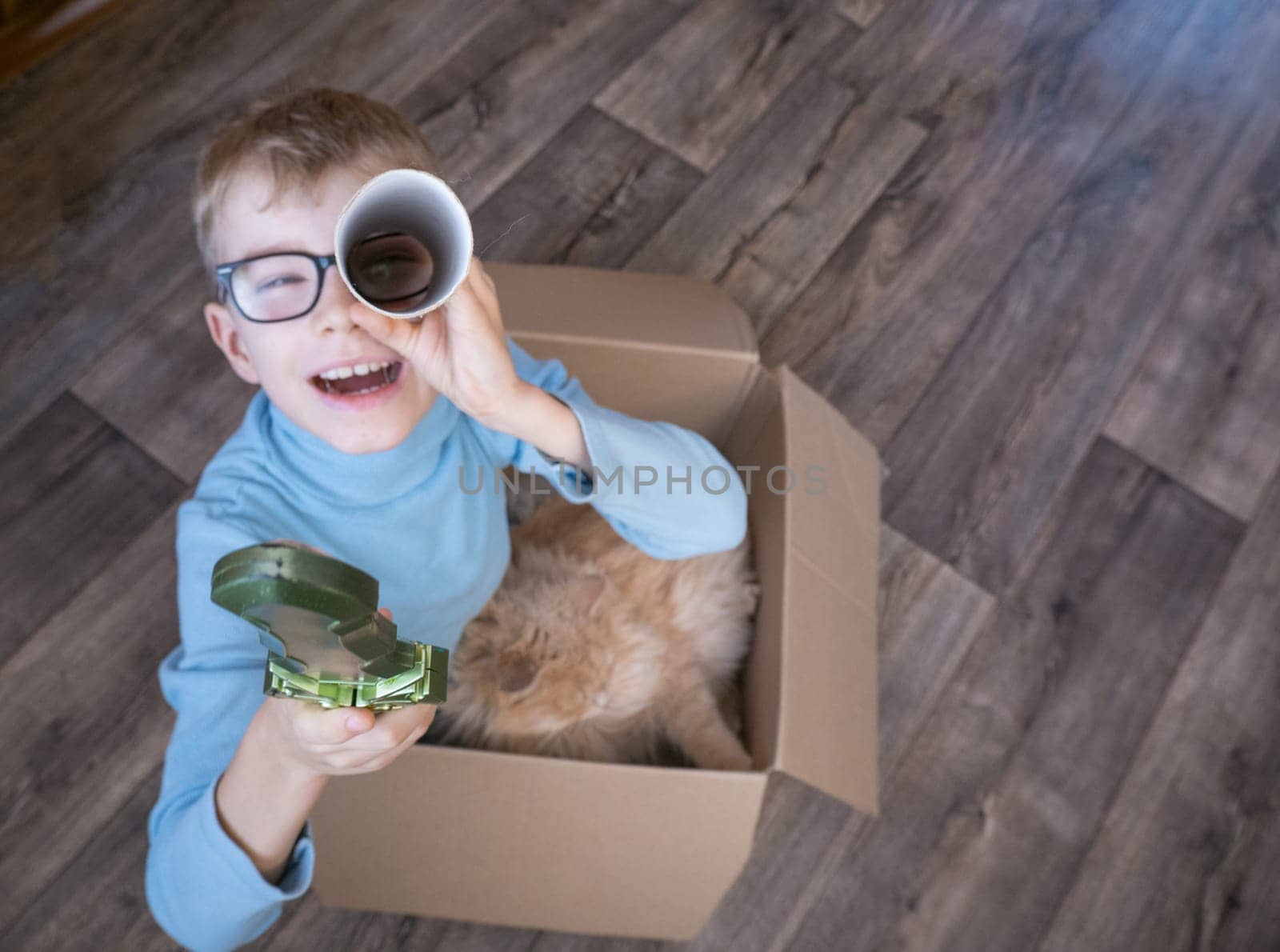 Playful cheerful child, boy looking into a cardboard tube, sitting in a box, playing with a cat.