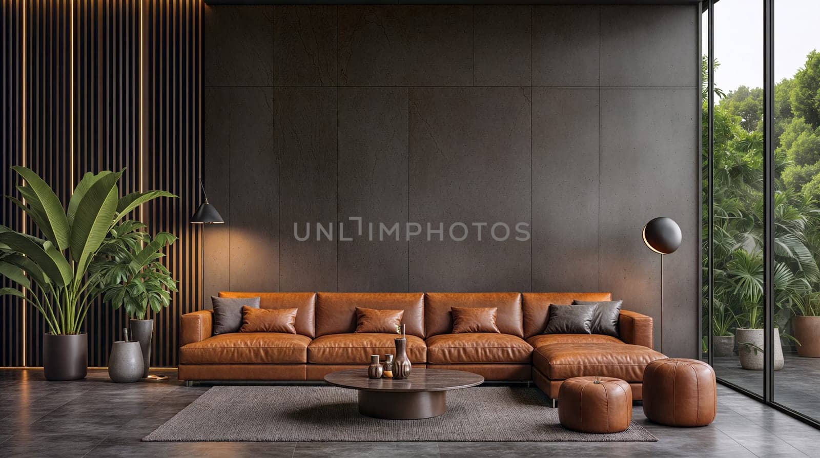 A sleek modern living room boasts a spacious interior featuring a luxurious leather sectional sofa with matching cushions. Warm ambient lighting complements the dark-toned walls - Generative AI