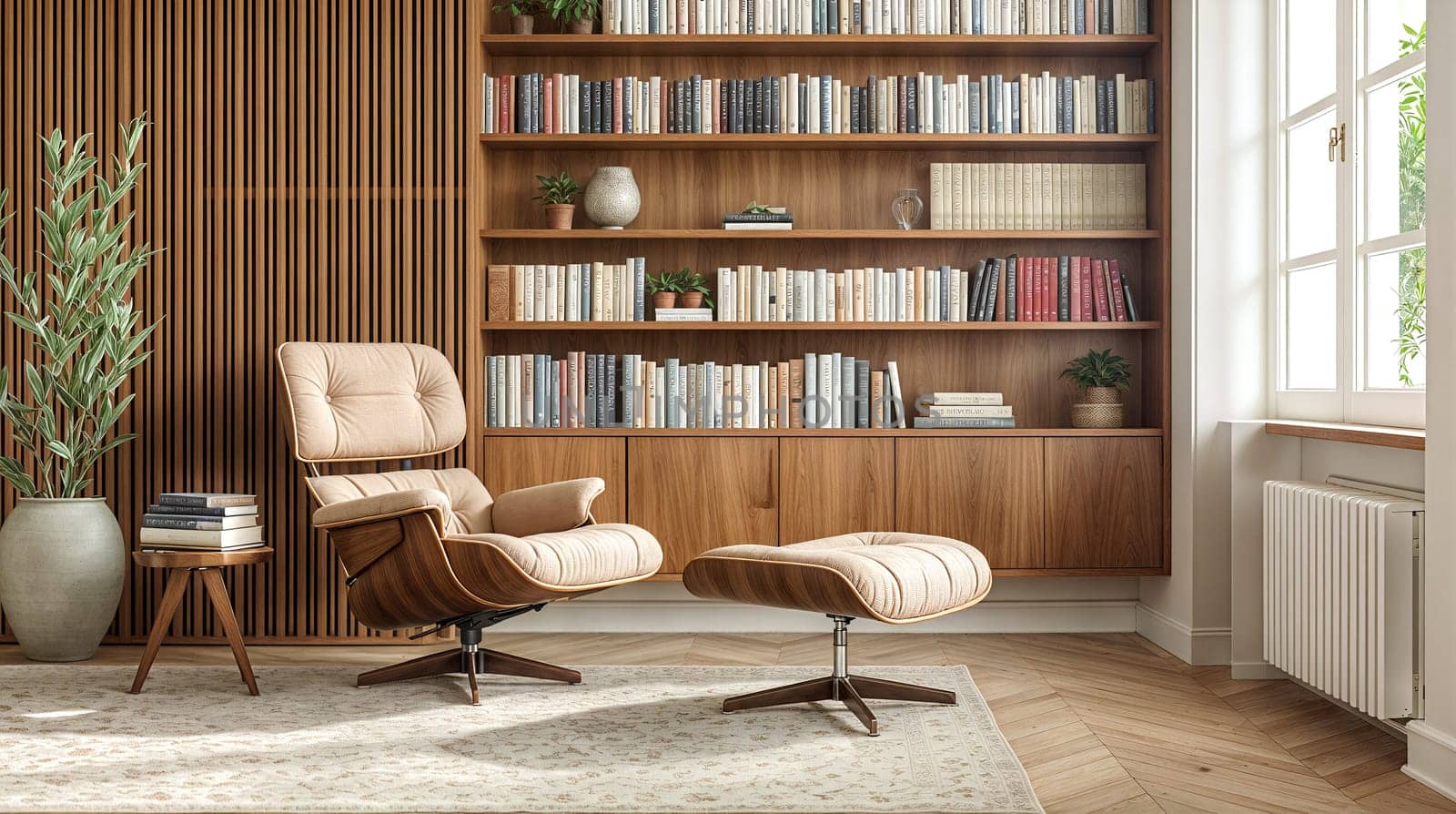 Stylish reading nook features a comfortable reclining chair with a matching footstool situated beside a large wooden bookshelf filled with books. The room brightened by natural light - Generative AI