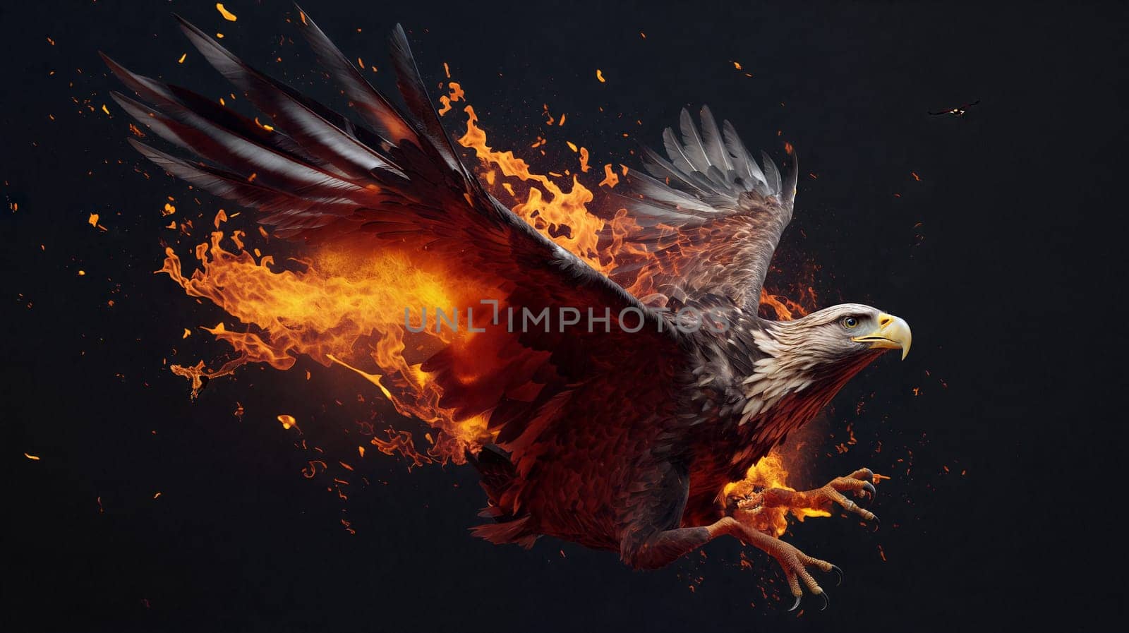 Fiery Eagle in Flight Against Dark Background by chrisroll