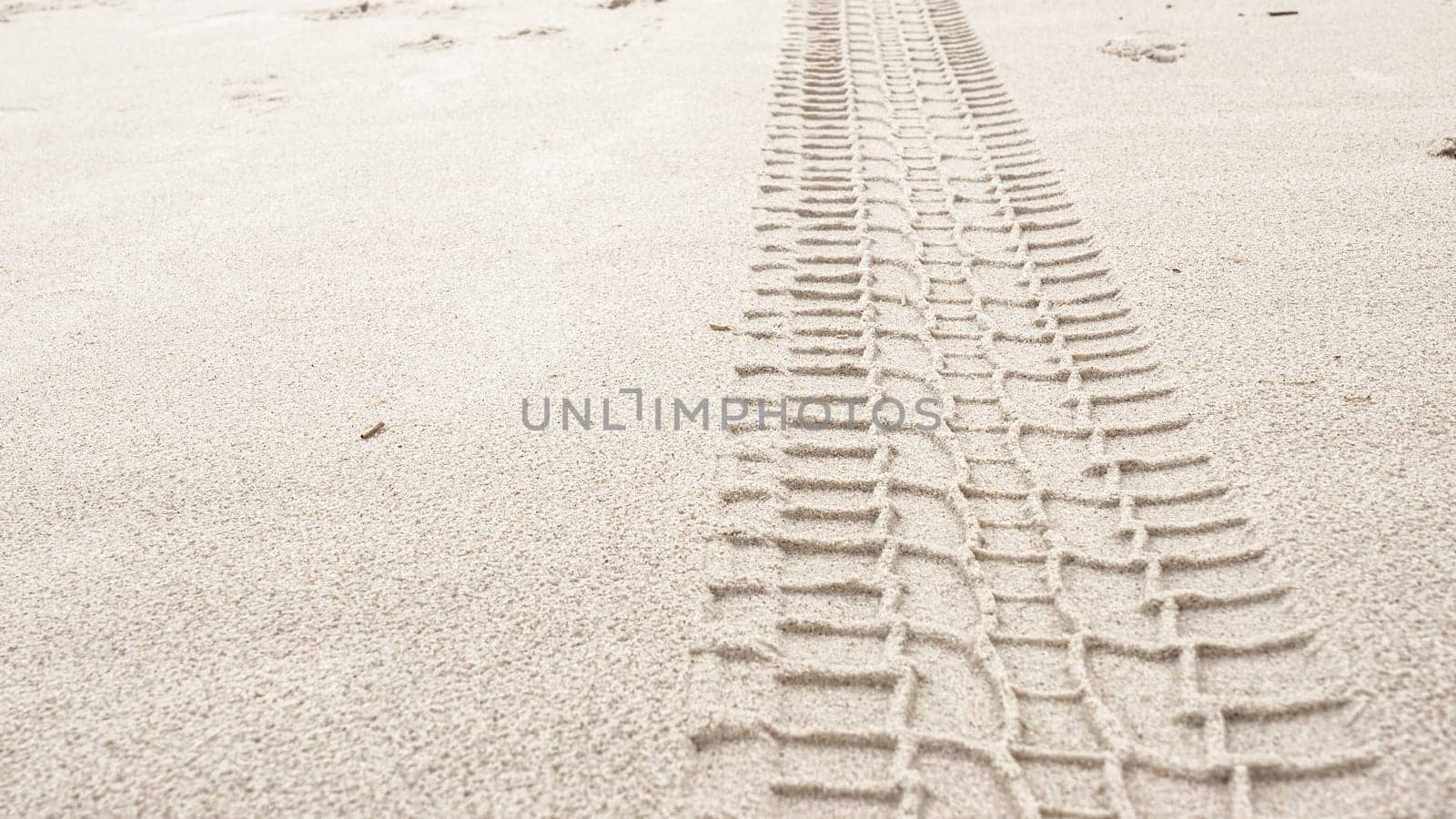 A serene image captures a single tire track delicately etched on the sandy shore, blending human touch with natures beauty in a harmonious display of contrast and tranquility.