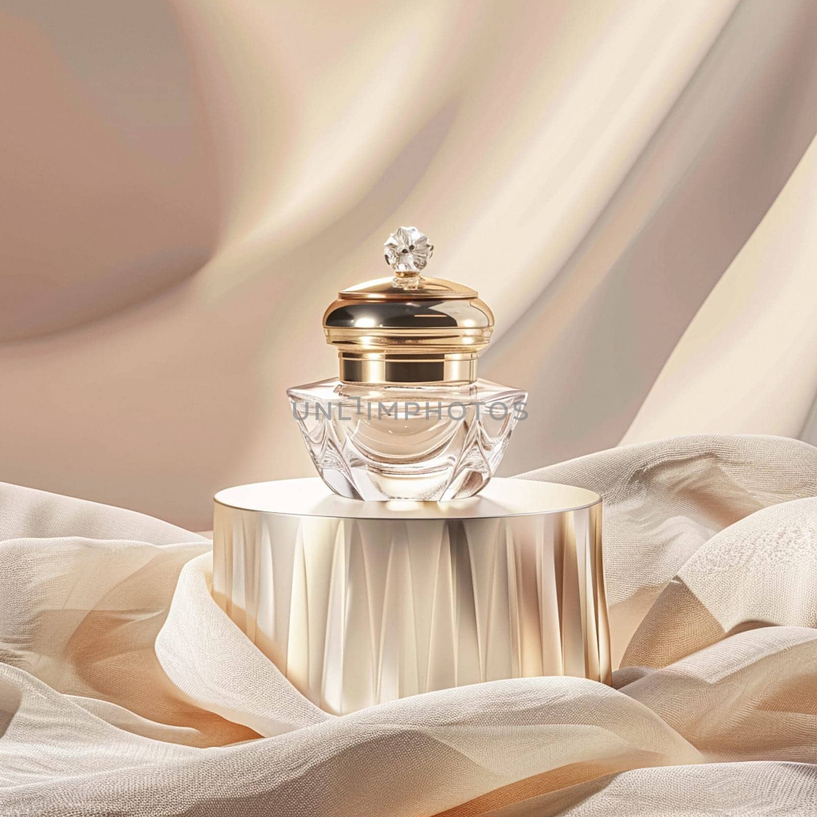 Face cream in a glass jar on a white and gold background. Skin care concept. Backdrop for beauty cosmetic products