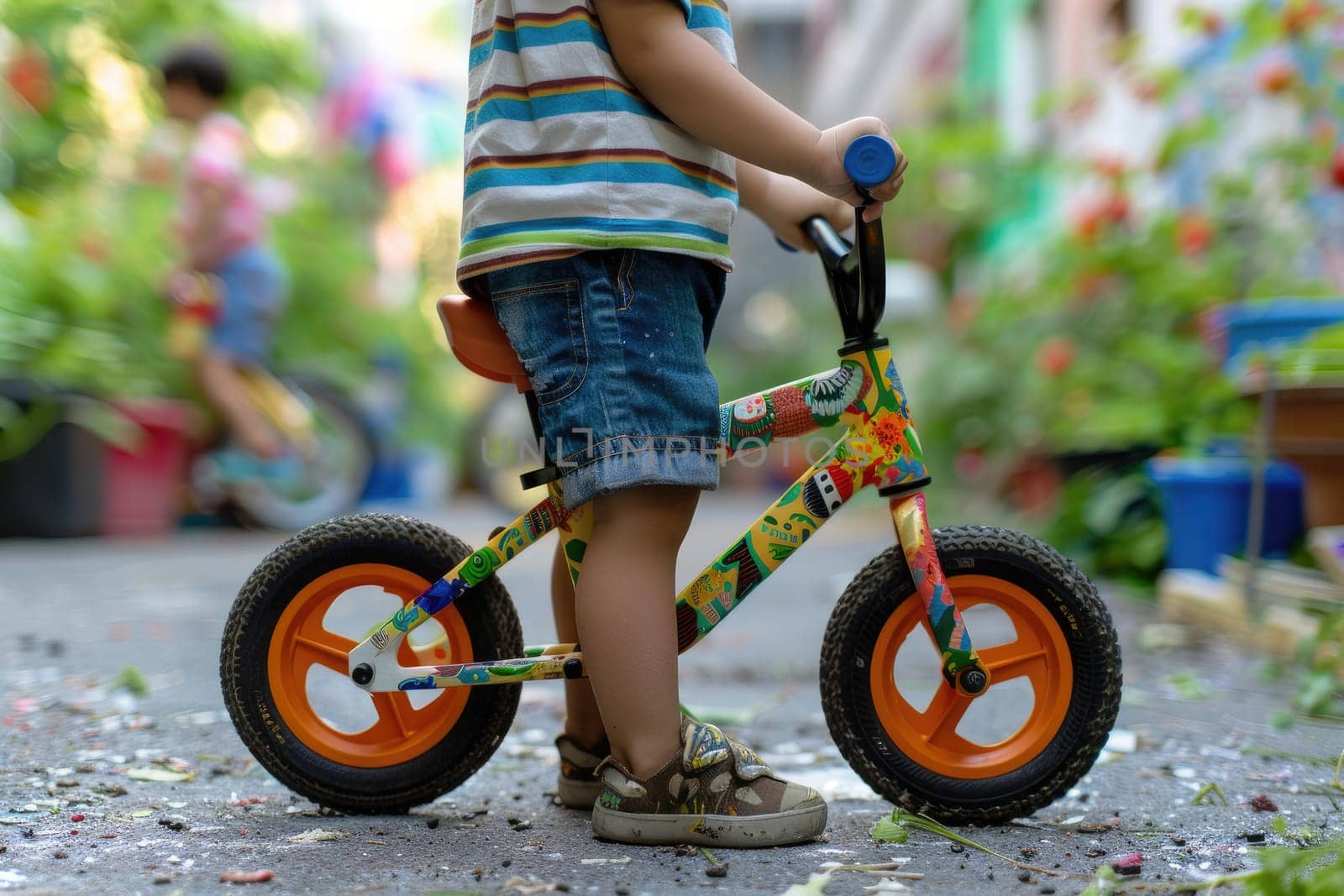 A child proudly displays their balance bike, adorned with colorful stickers and personalized accessories.