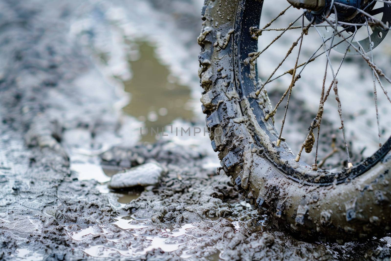 Close-up of Muddy Balance Bike Tire with Terrain Textures Imprinted.