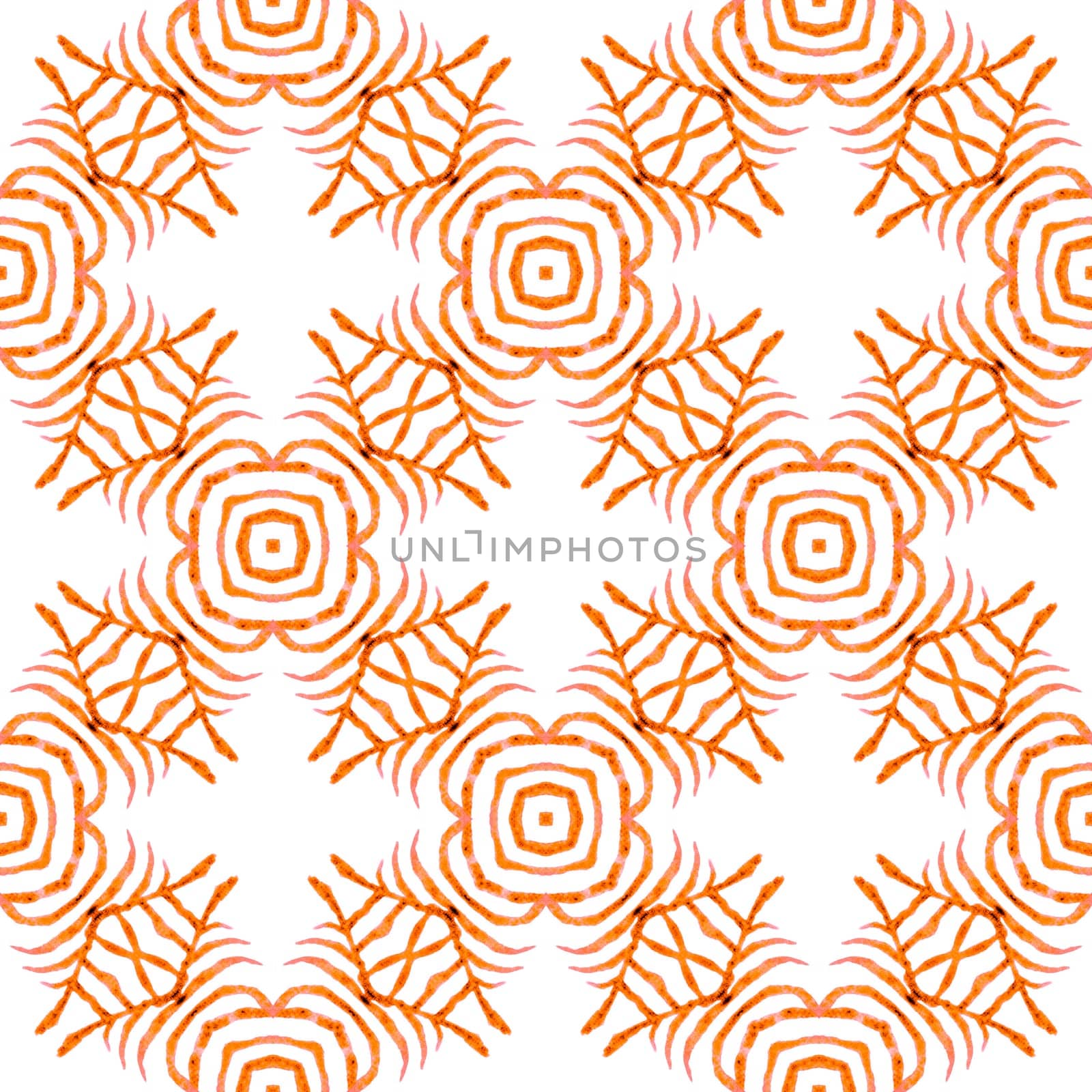 Textile ready favorable print, swimwear fabric, wallpaper, wrapping. Orange symmetrical boho chic summer design. Oriental arabesque hand drawn border. Arabesque hand drawn design.