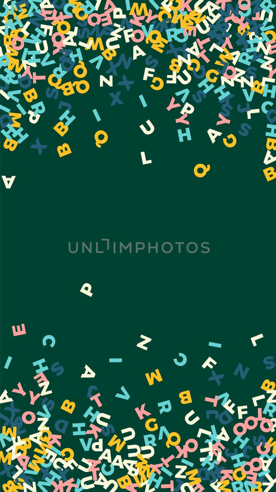 Flying latin letters. Colorful childish scattered charachters of English alphabet. Foreign languages study concept. Back to school banner .
