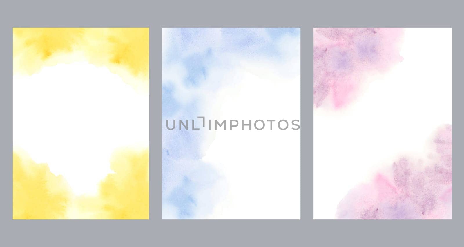 Set of watercolor postcard templates. Dreamy minimalistic abstract flow backgrounds in yellow, blue and pink, liquid cloudy spills for invitation, save the date, wedding, anniversary, sympathy card