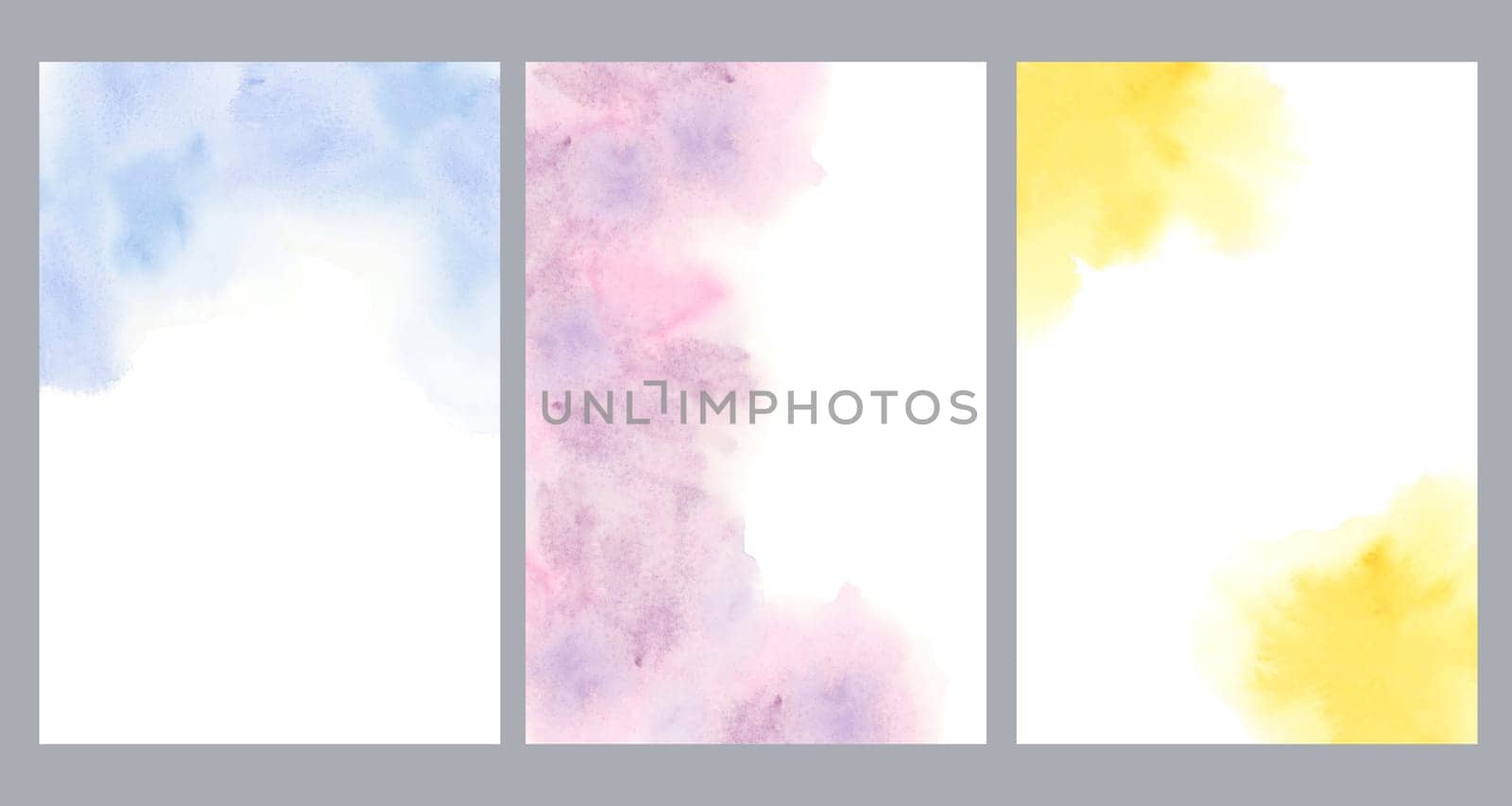 Set of watercolor postcard templates. Dreamy minimalistic abstract flow backgrounds, liquid cloudy spills for invitation, save the date, wedding by Fofito