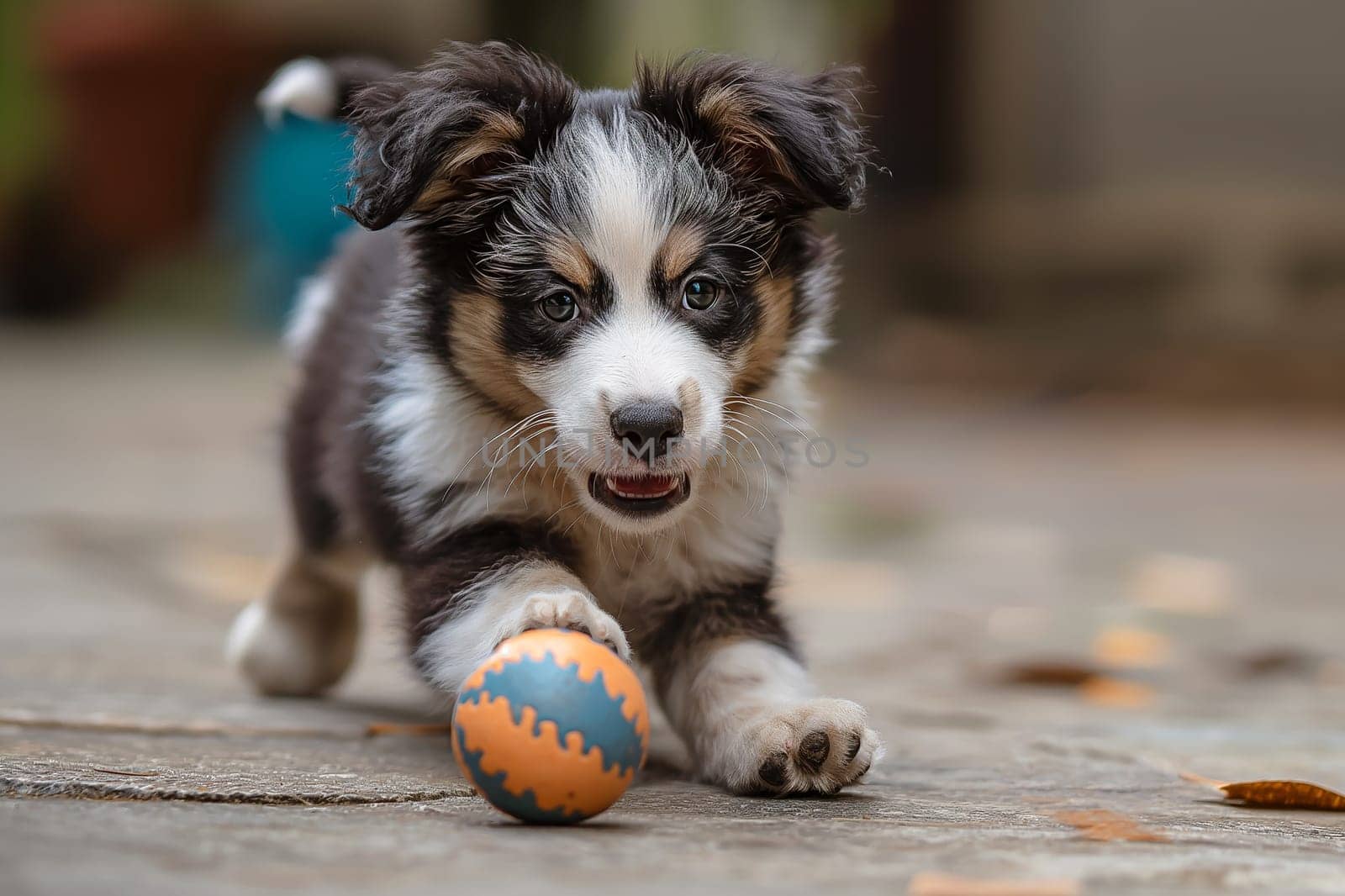 Adorable puppy playing with a ball in the outdoor, capturing a cute and playful young pet.