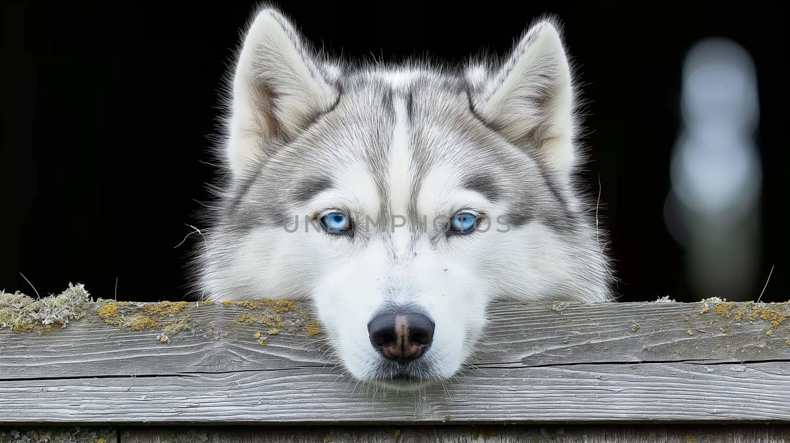 Husky dog with blue eyes and thick fur peeking over a wooden fence, perfect for winter pet themes.