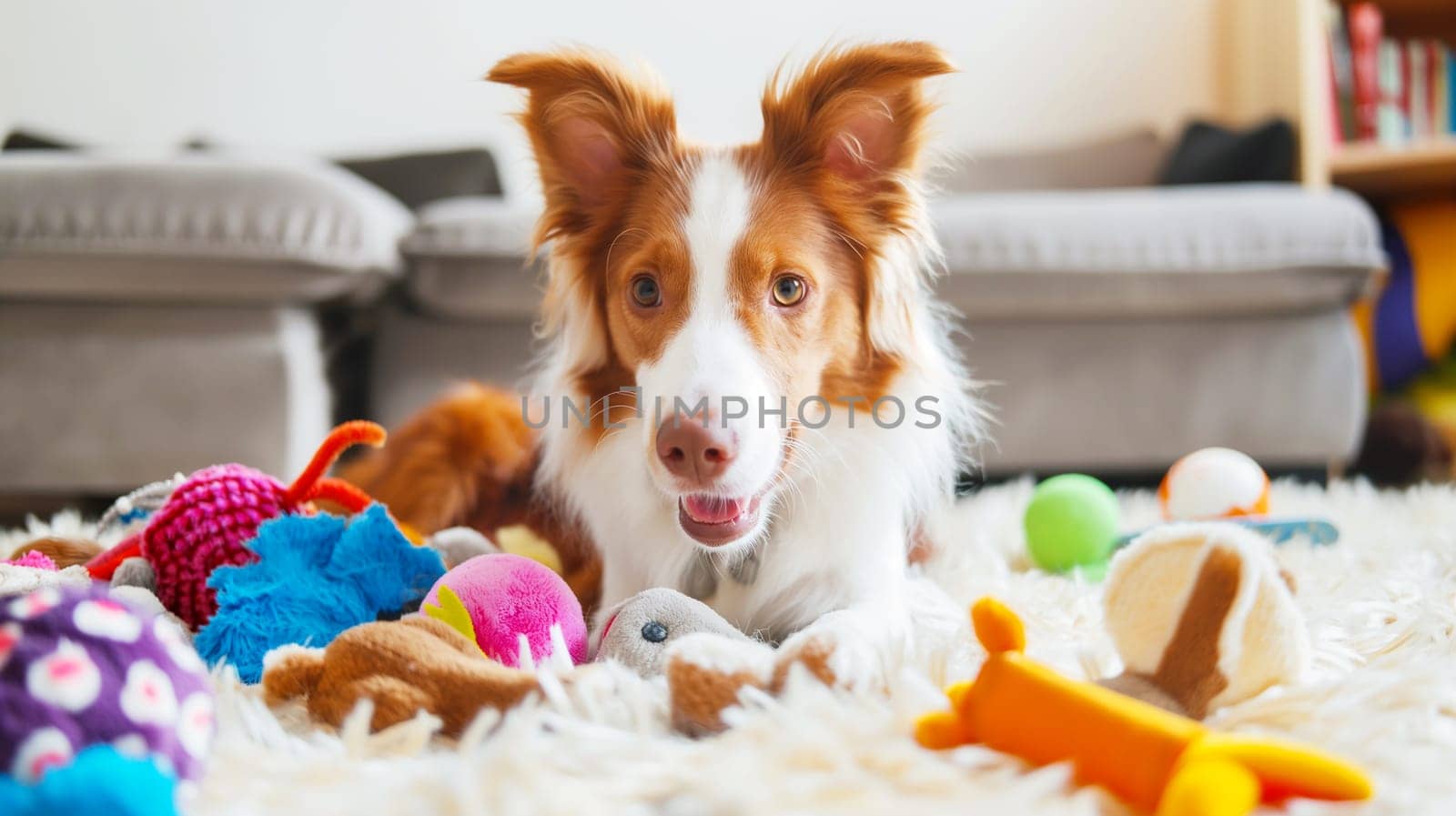 Adorable fluffy puppy playing with colorful toys in a cheerful livingroom on a soft carpet