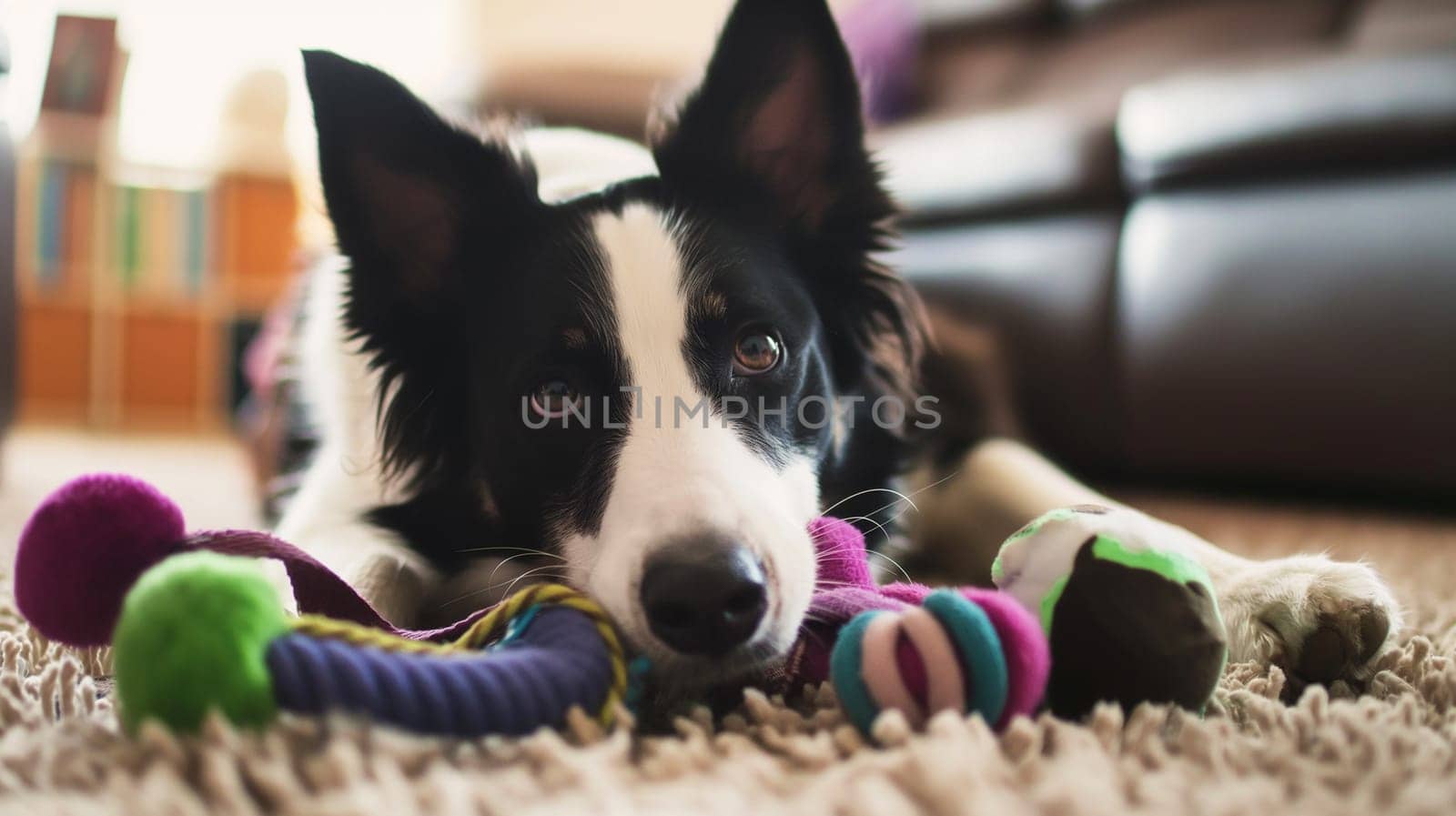 Cute border collie puppy with toy relaxing on carpet
