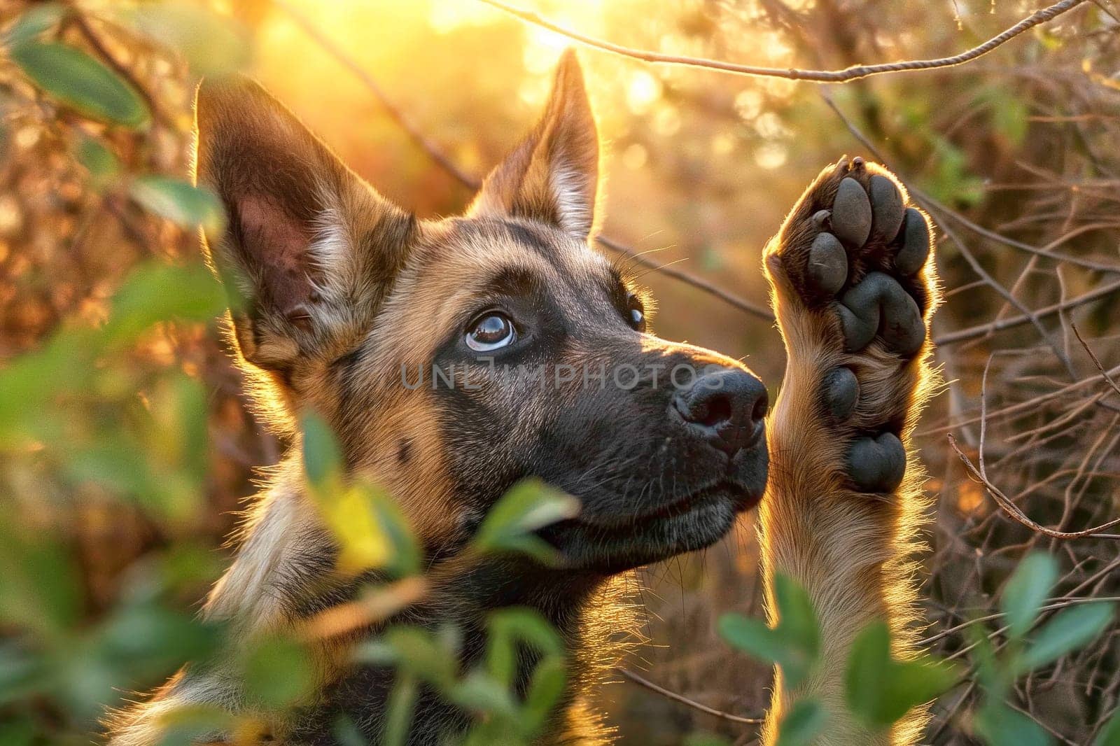 Cute puppy German shepherd dog in sunlight among leaves in the forest with raised paw