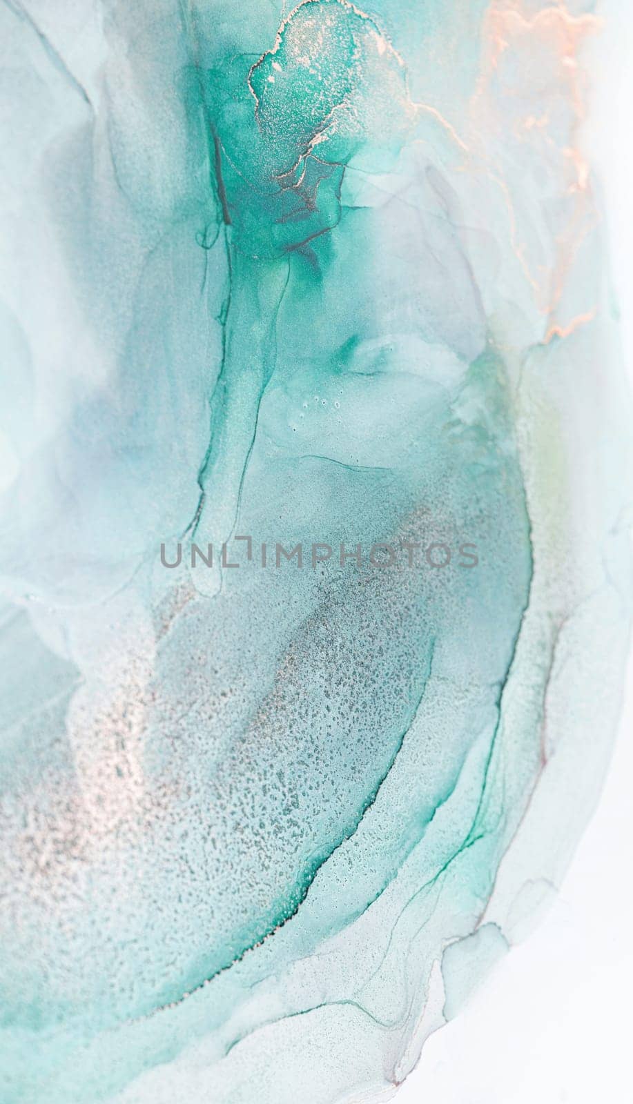 A close-up photograph of a teal and white abstract painting created with alcohol ink. The image showcases the swirling patterns and textures of the ink.