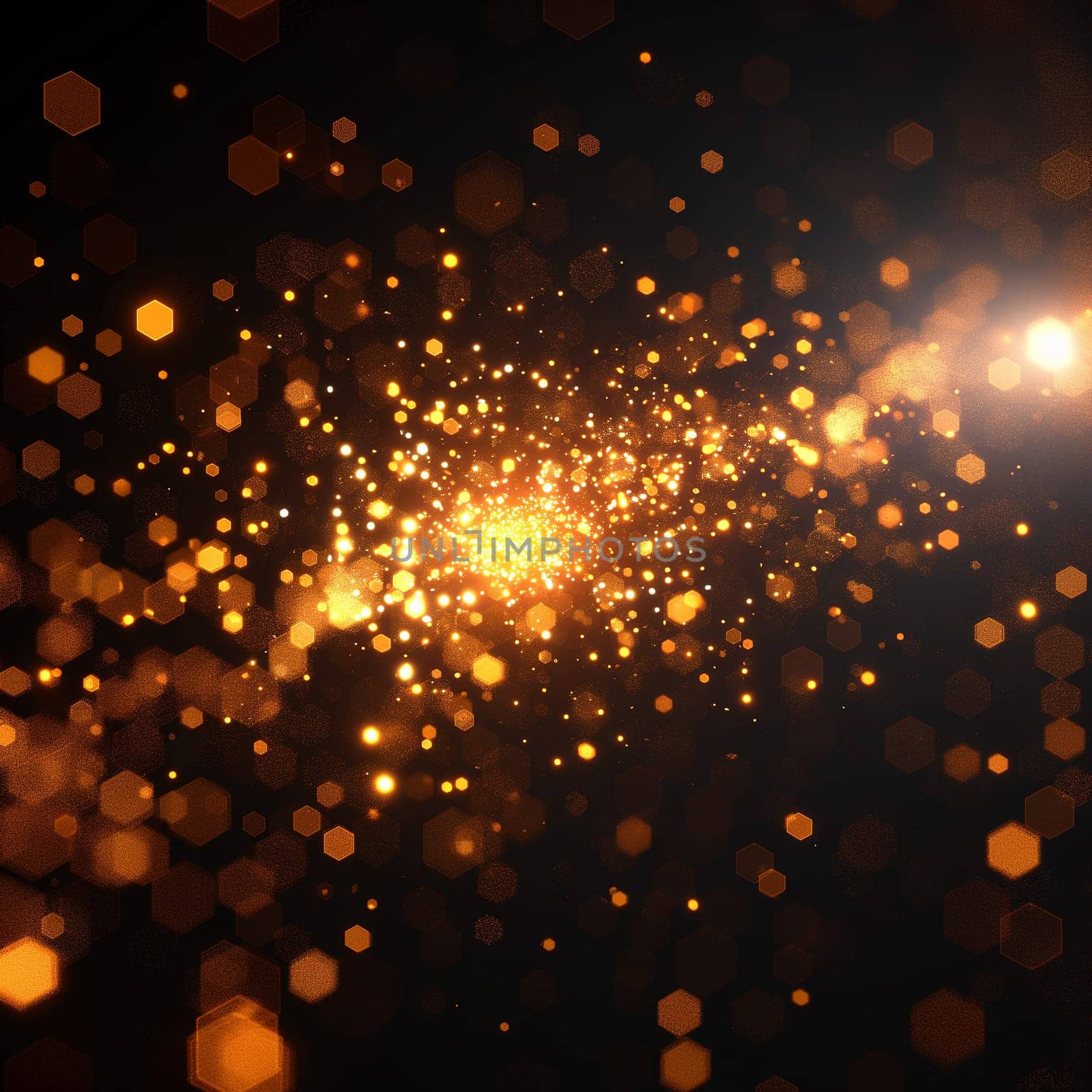 Abstract bokeh with sparkling lights, glimmering amber glows, and shimmering patterns of radiance