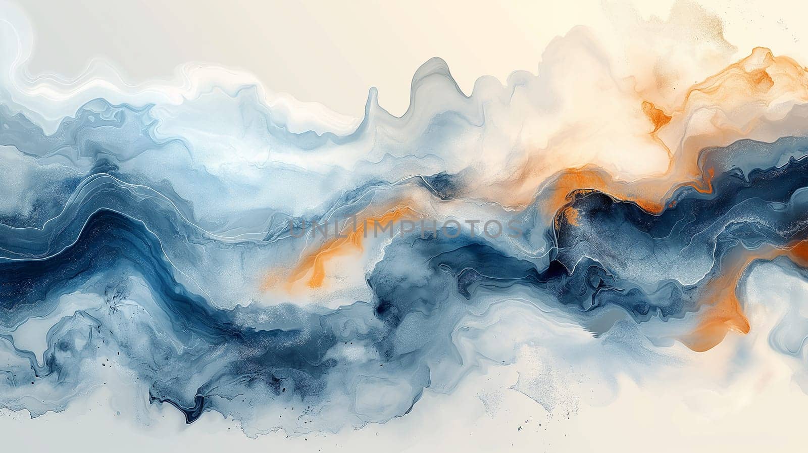 Abstract waves in blue and orange depict a fluid motion characterized by artistic and creative patterns