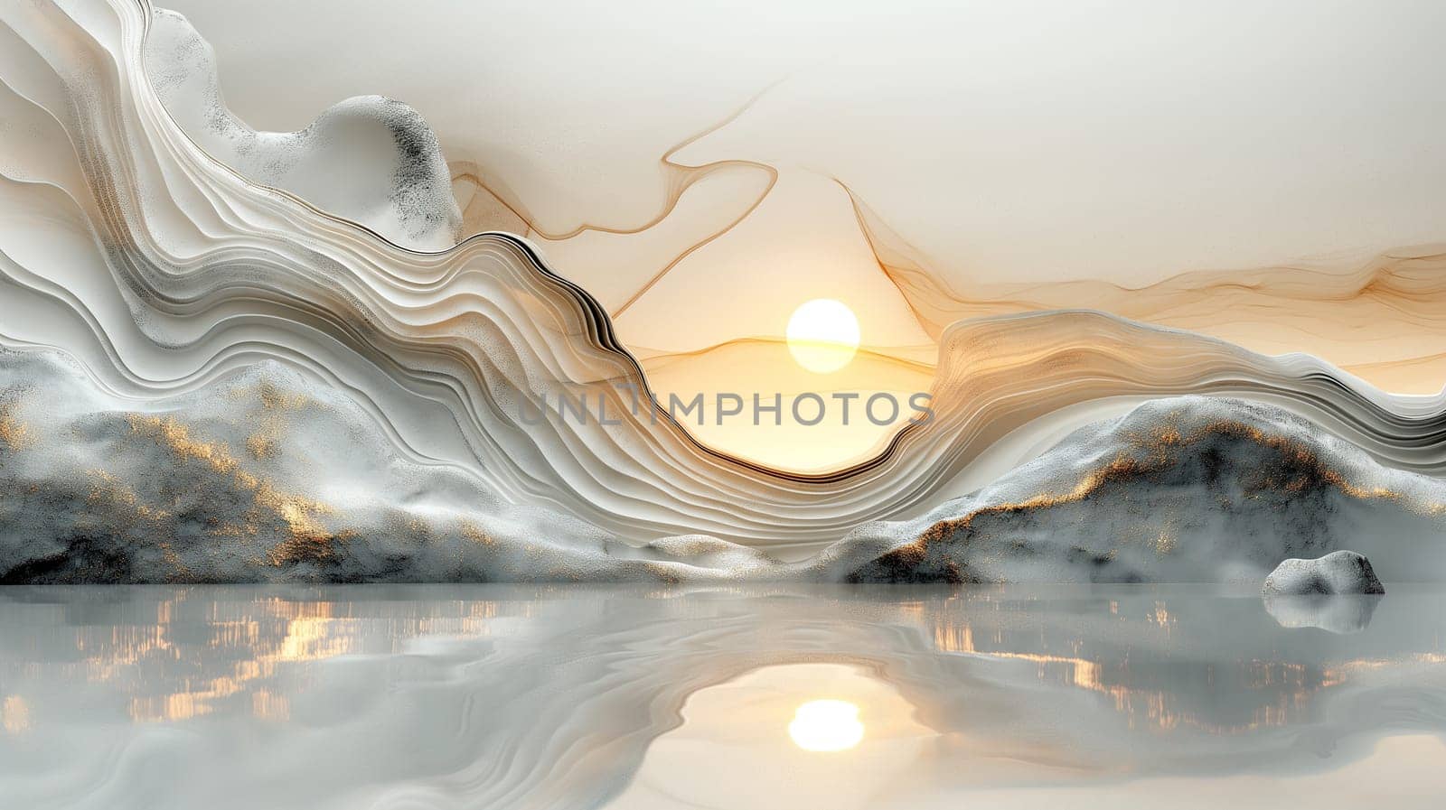 Abstract landscape of sunset with surreal mountains and reflections in digital art serene water scene