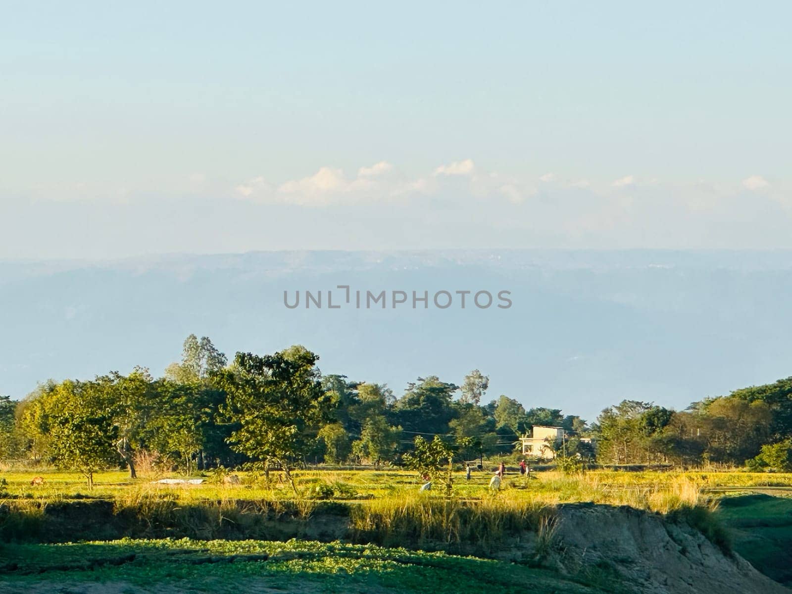 A scenic rural landscape with a distant mountain range in the background. The foreground features a field with people working, possibly tending to crops. The sky is clear and bright, with a few wispy clouds. The image captures the tranquility and beauty of the countryside.