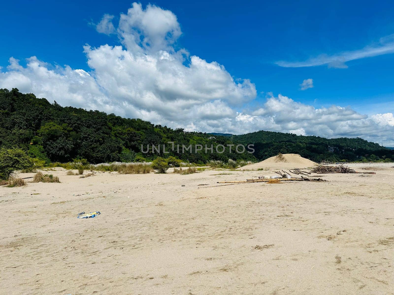 A wide shot of a sandy beach with a forested hill in the background. The sky is bright blue with white fluffy clouds. The beach is mostly empty, with only a small pile of driftwood and a few pieces of trash visible in the foreground.