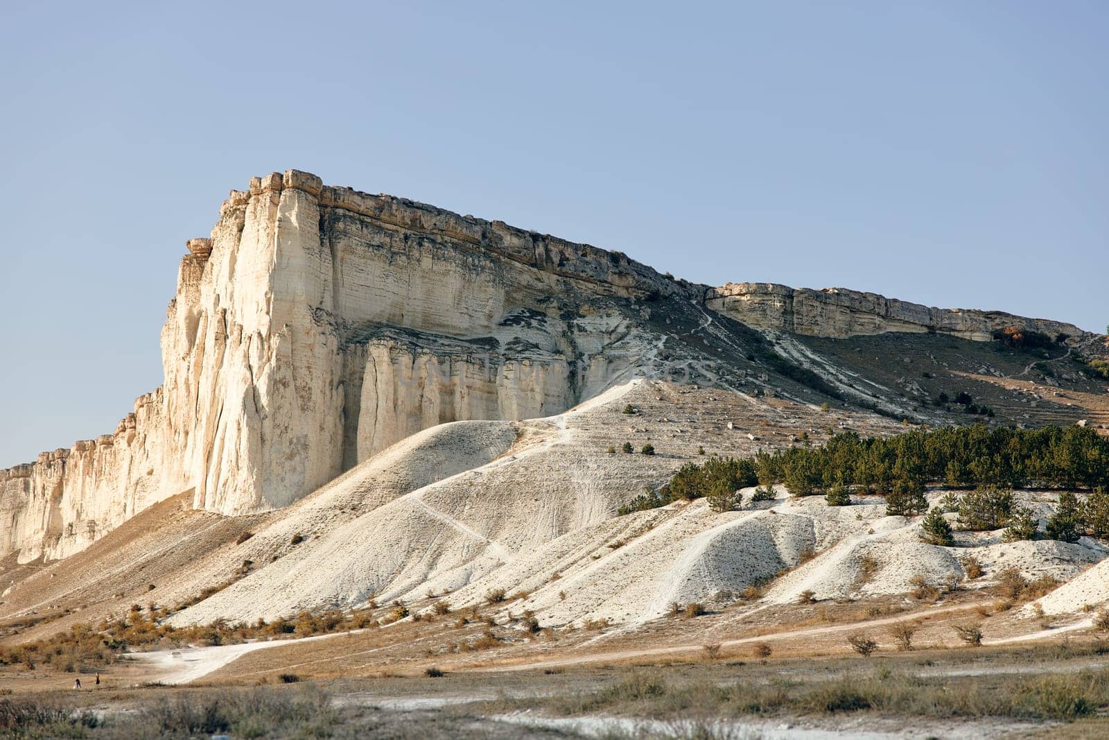 Majestic white rock formation standing tall in open field with scattered trees in the distance
