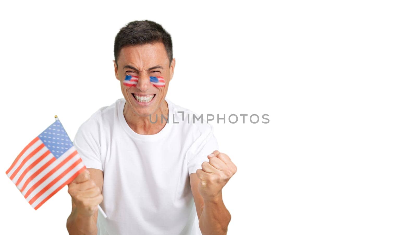 United States supporter screaming and waving a national flag, cheering his team to victory and celebrating passionately