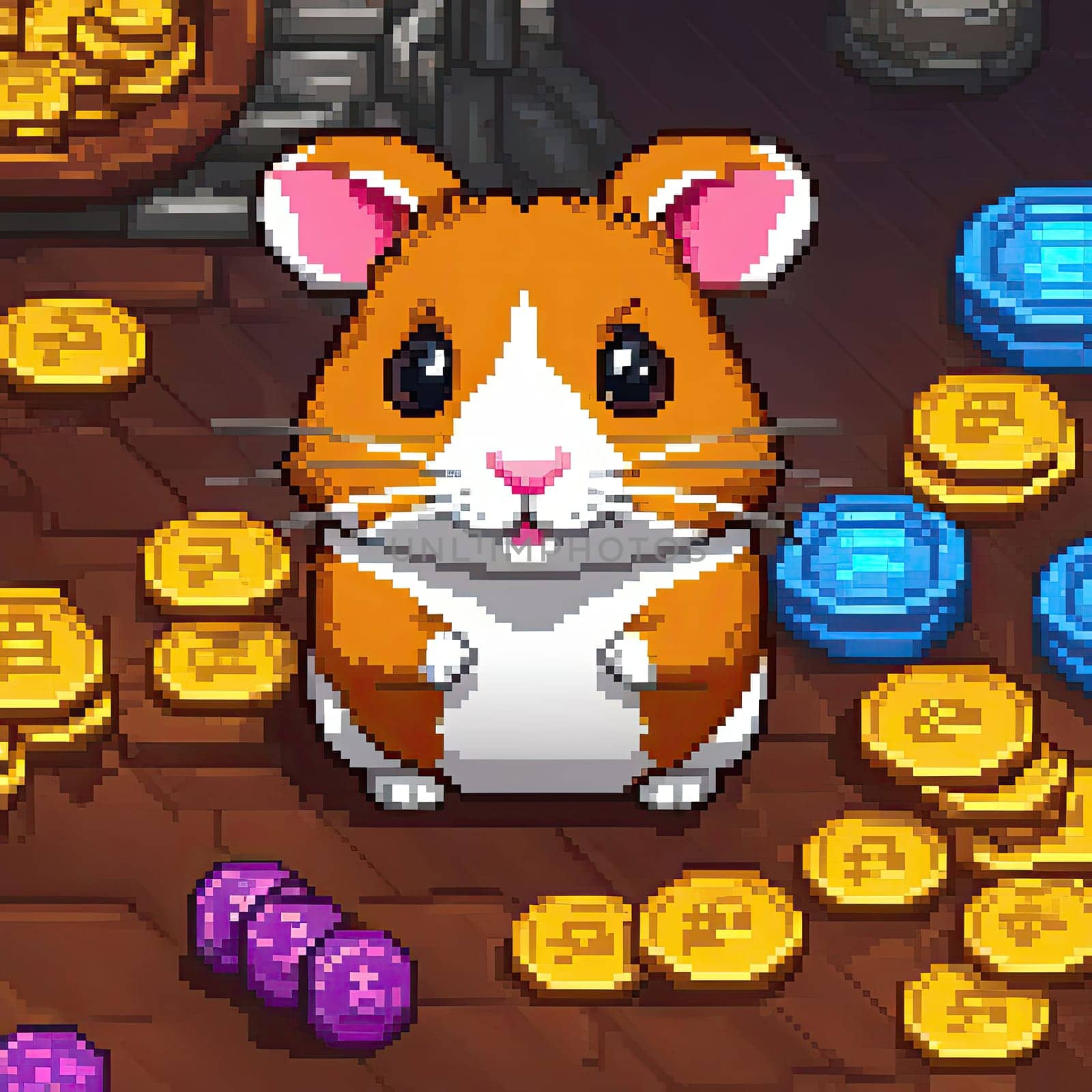 pixel art Illustration of a cute hamster with coins flying and lying on the floor on a black background. An exciting game for money. Click on the furry animal and win.