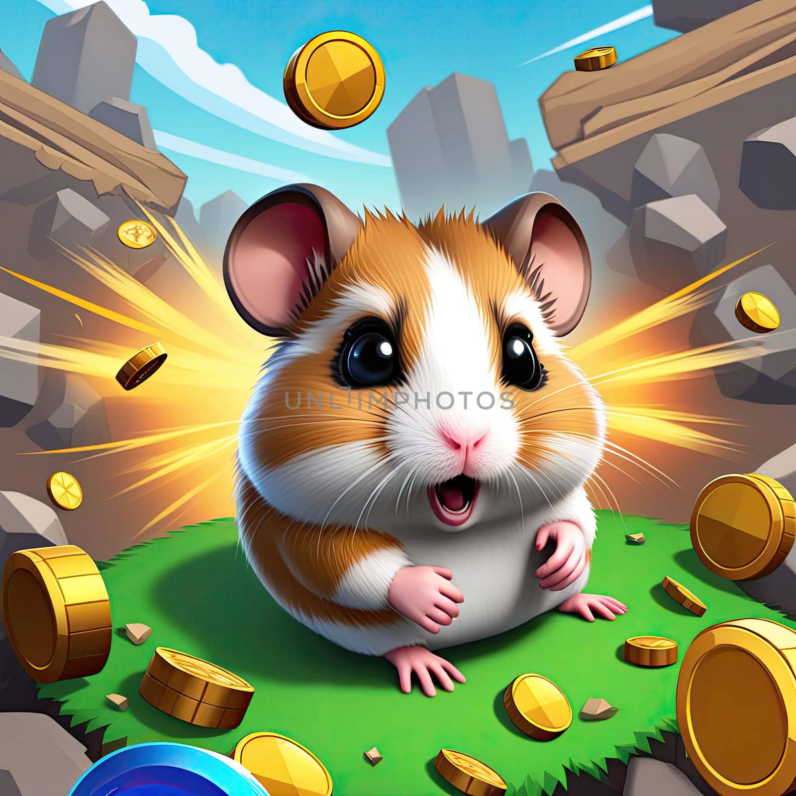 Illustration of a cute hamster with coins flying and lying on the floor on a black background. An exciting game for money. Click on the furry animal and win.