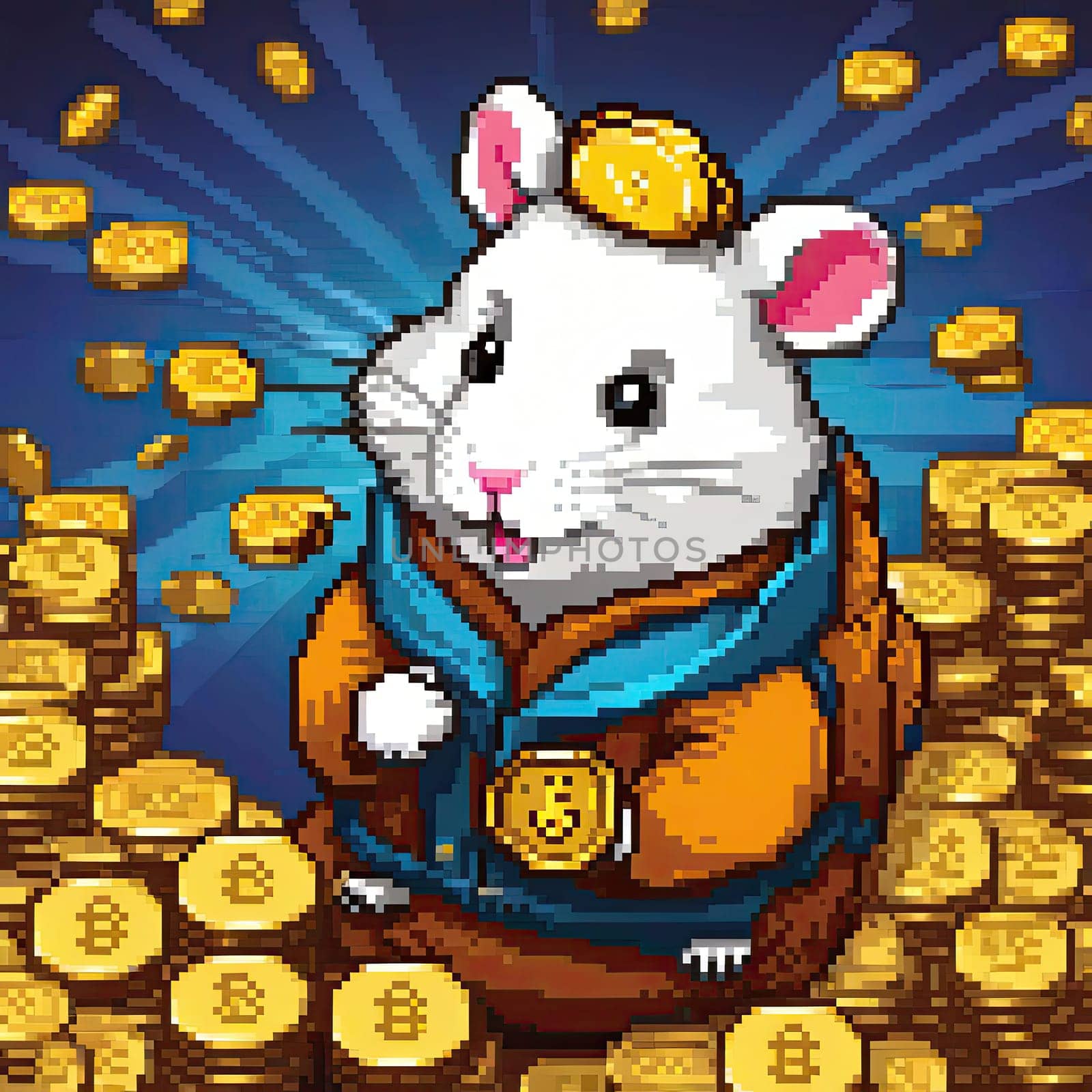 pixel art Illustration of a cute hamster with coins flying and lying on the floor on a black background. An exciting game for money. Click on the furry animal and win.