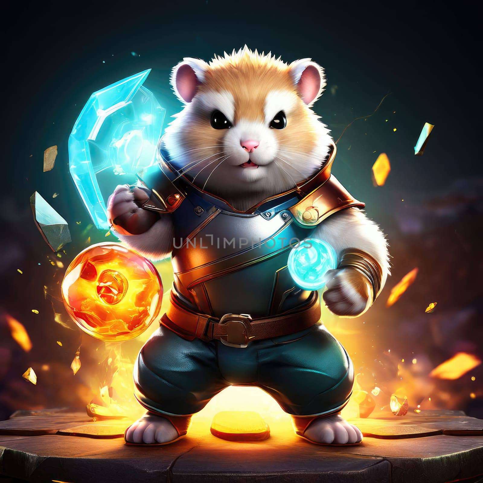 Illustration of a cute hamster with coins flying and lying on the floor on a black background. An exciting game for money. Click on the furry animal and win.