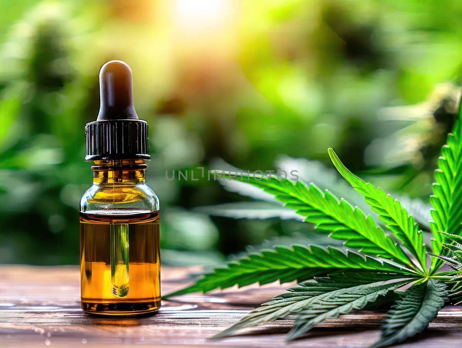 Horizontal picture of dropper bottle of CBD oil on blurred background. by VeroDibe