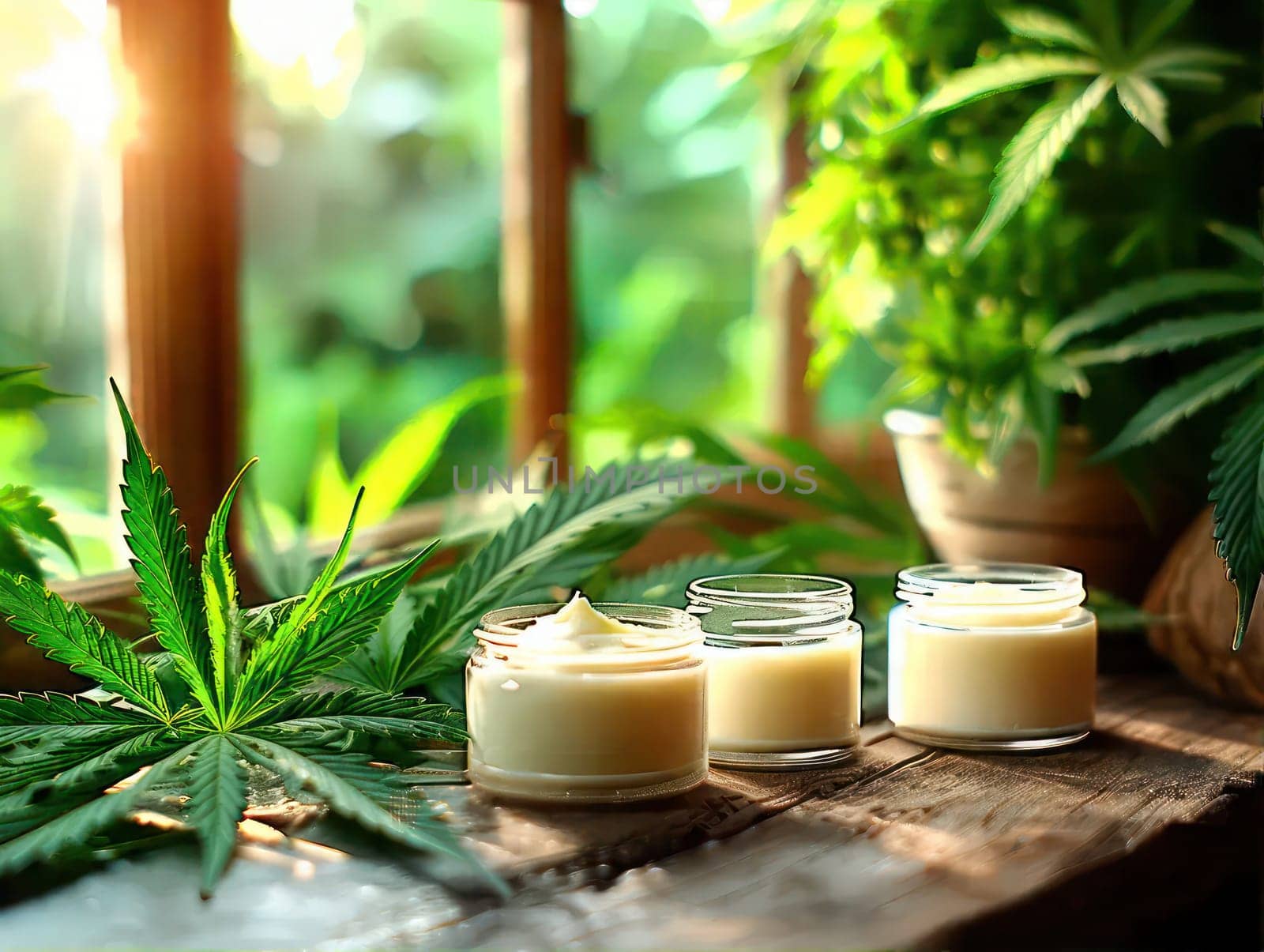 CBD-based skin creams and masks with a white label with cannabis leaves by VeroDibe