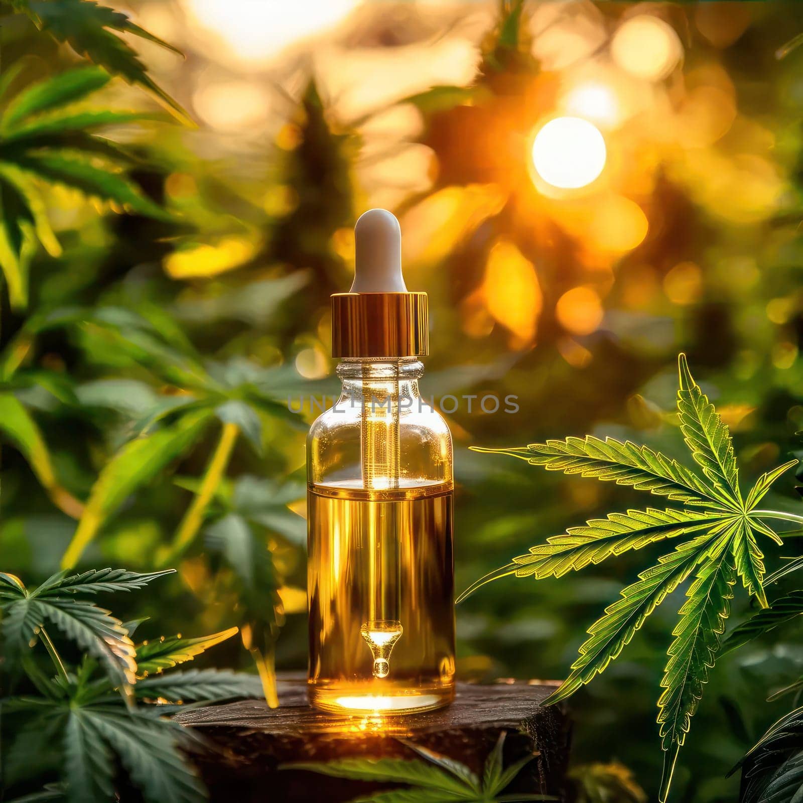 Close-up picture of small dropper bottle of CBD oil on blurred background. by VeroDibe