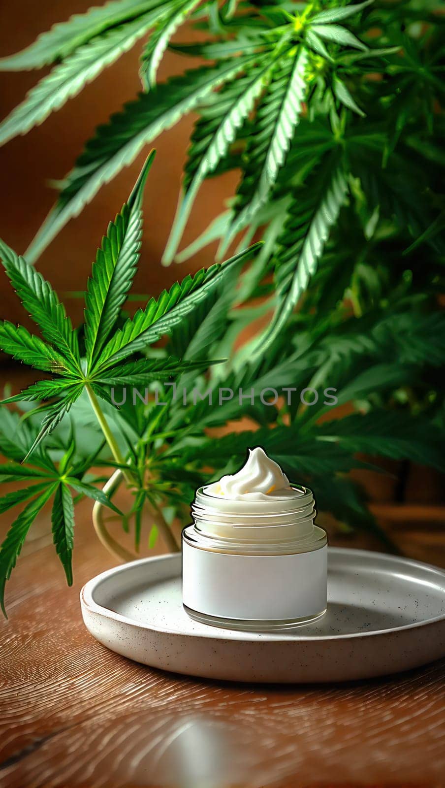 Vertical image of CBD cream with white label on wooden table by VeroDibe