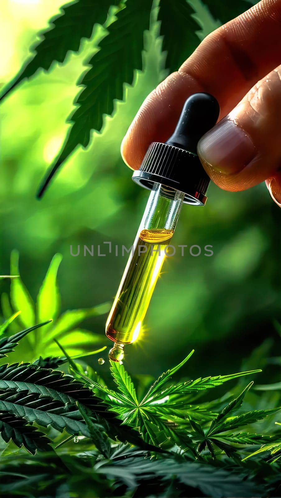 Vertical photo of hand holding a dropper of CBD oil. Alternative medicine . by VeroDibe